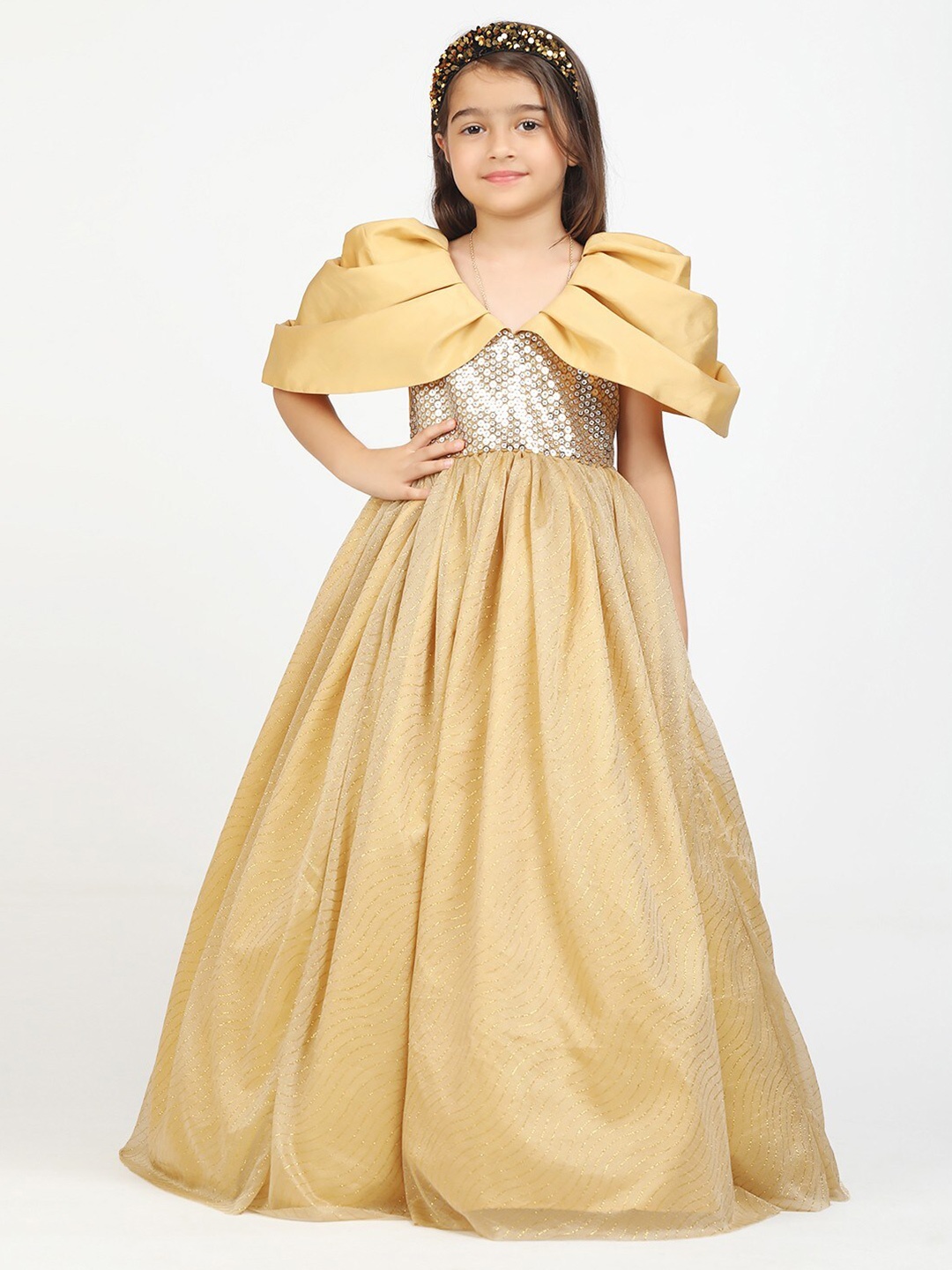 

Jelly Jones Girls Gold Embellished Puff Sleeves Gown Dress