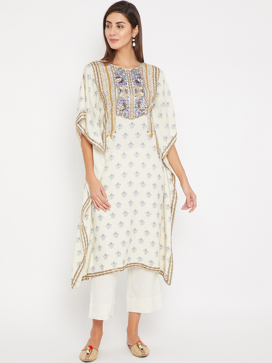 

The Kaftan Company Women Off White Sequins Embroidered Kaftan Kurta With Trouser