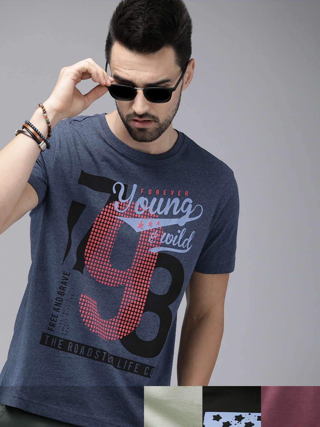 

Roadster Men Pack Of 4 Printed Pure Cotton T-Shirt, Navy blue