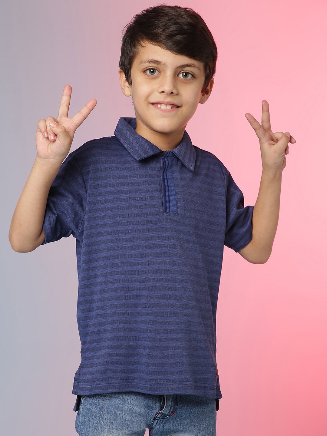 

Instafab Boys Navy Blue Striped Polo Collar T-shirt