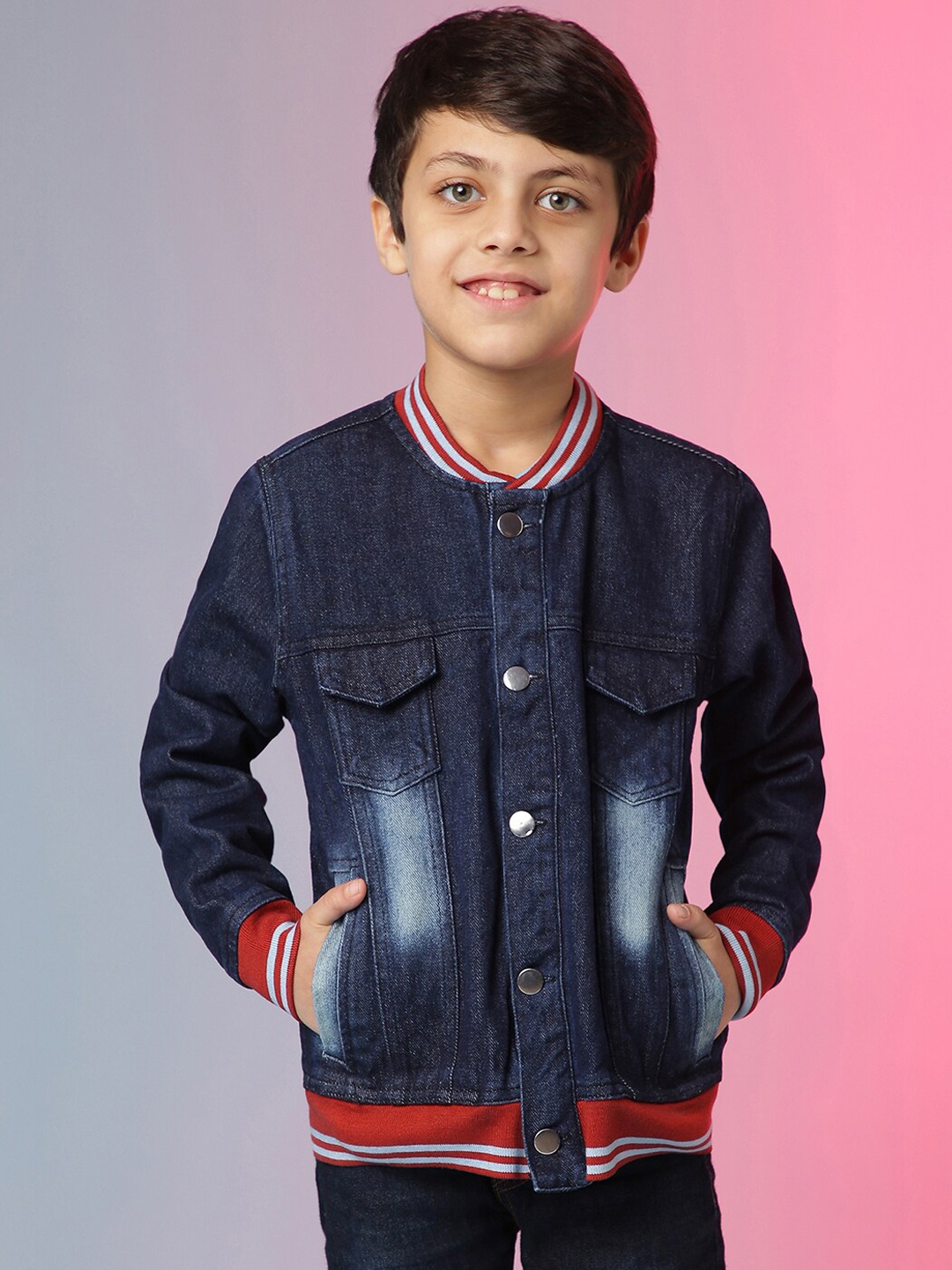 

Instafab Boys Navy Blue Red Striped Outdoor Denim Jacket