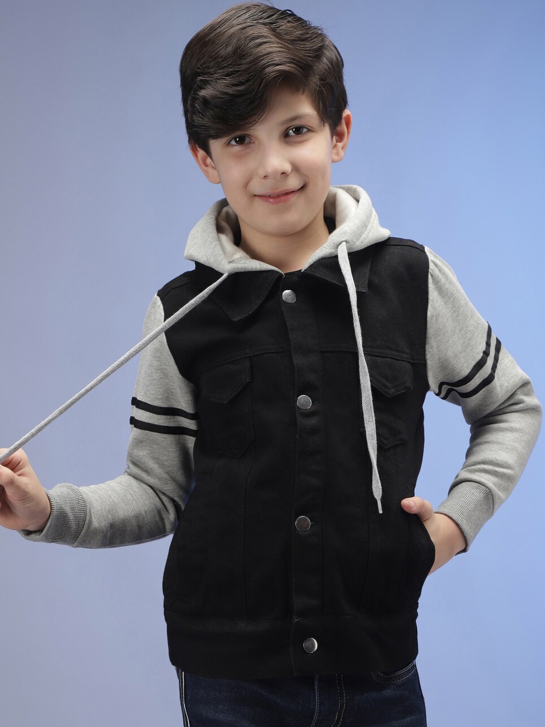 Instafab Boys Black Grey Colourblocked Outdoor Denim Jacket
