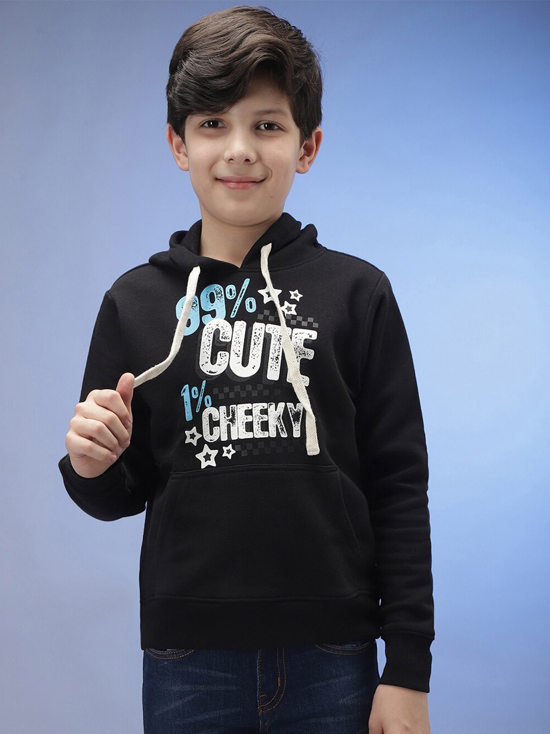 

Instafab Boys Black Typography Printed Hooded Sweatshirt