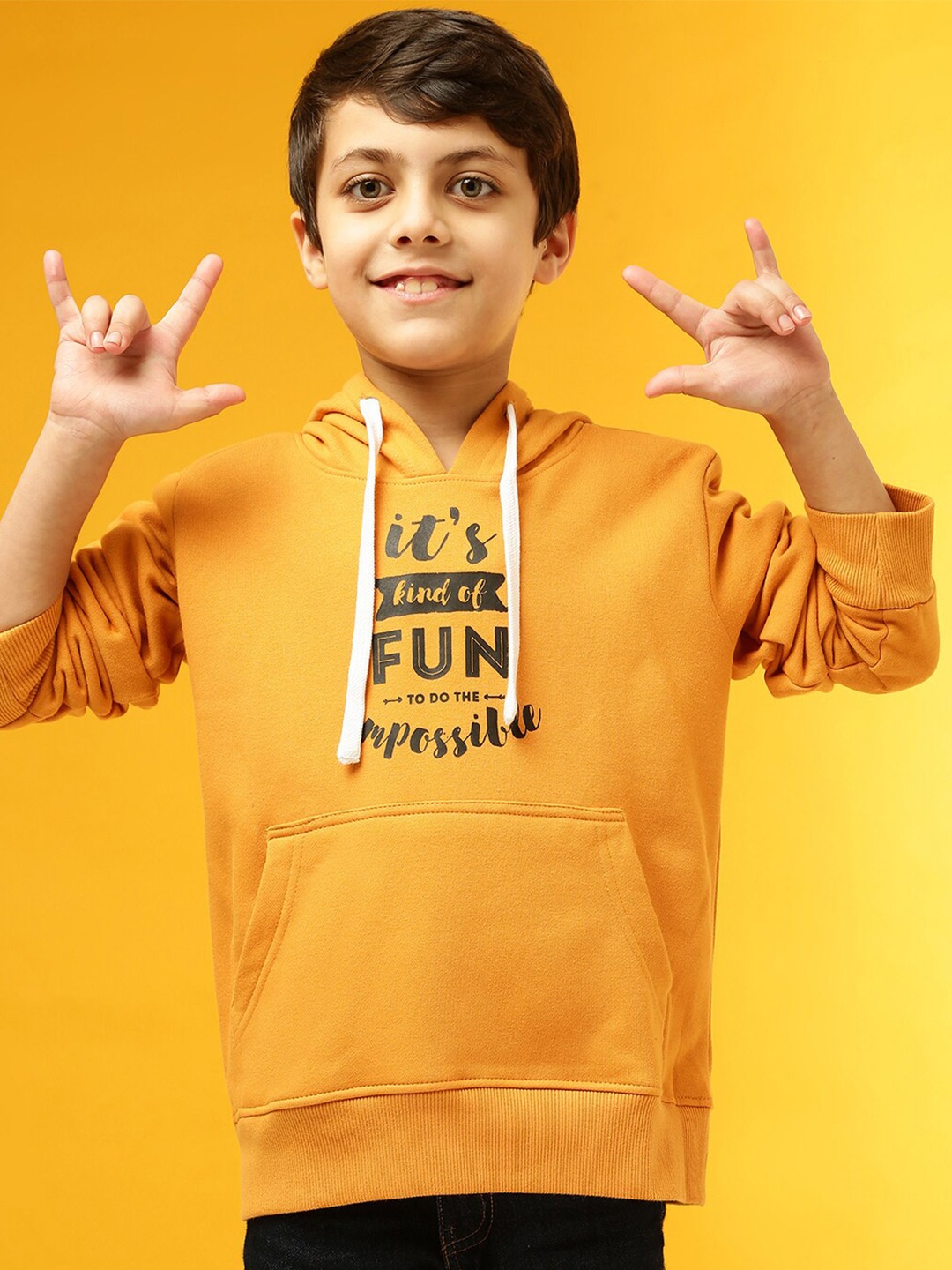 

Instafab Boys Mustard Typography Printed Hooded Sweatshirt