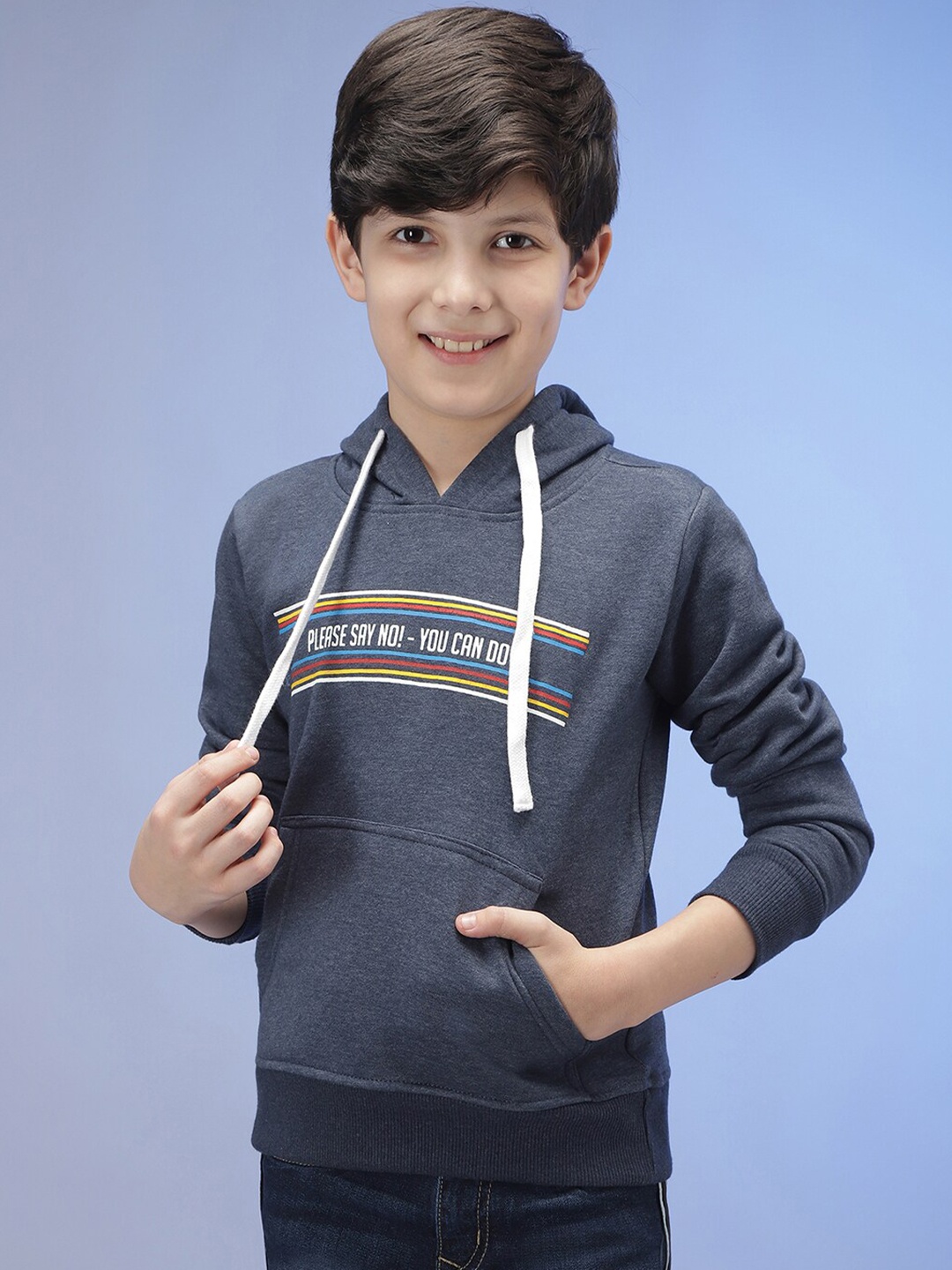 

Instafab Boys Blue Typography Printed Hooded Sweatshirt
