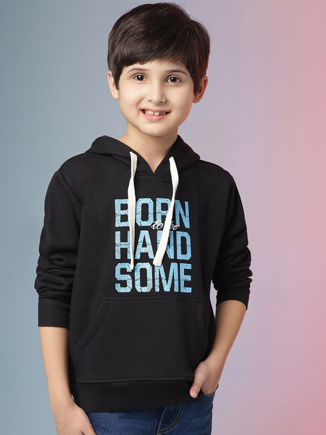 

Instafab Boys Black Typography Printed Hooded Sweatshirt