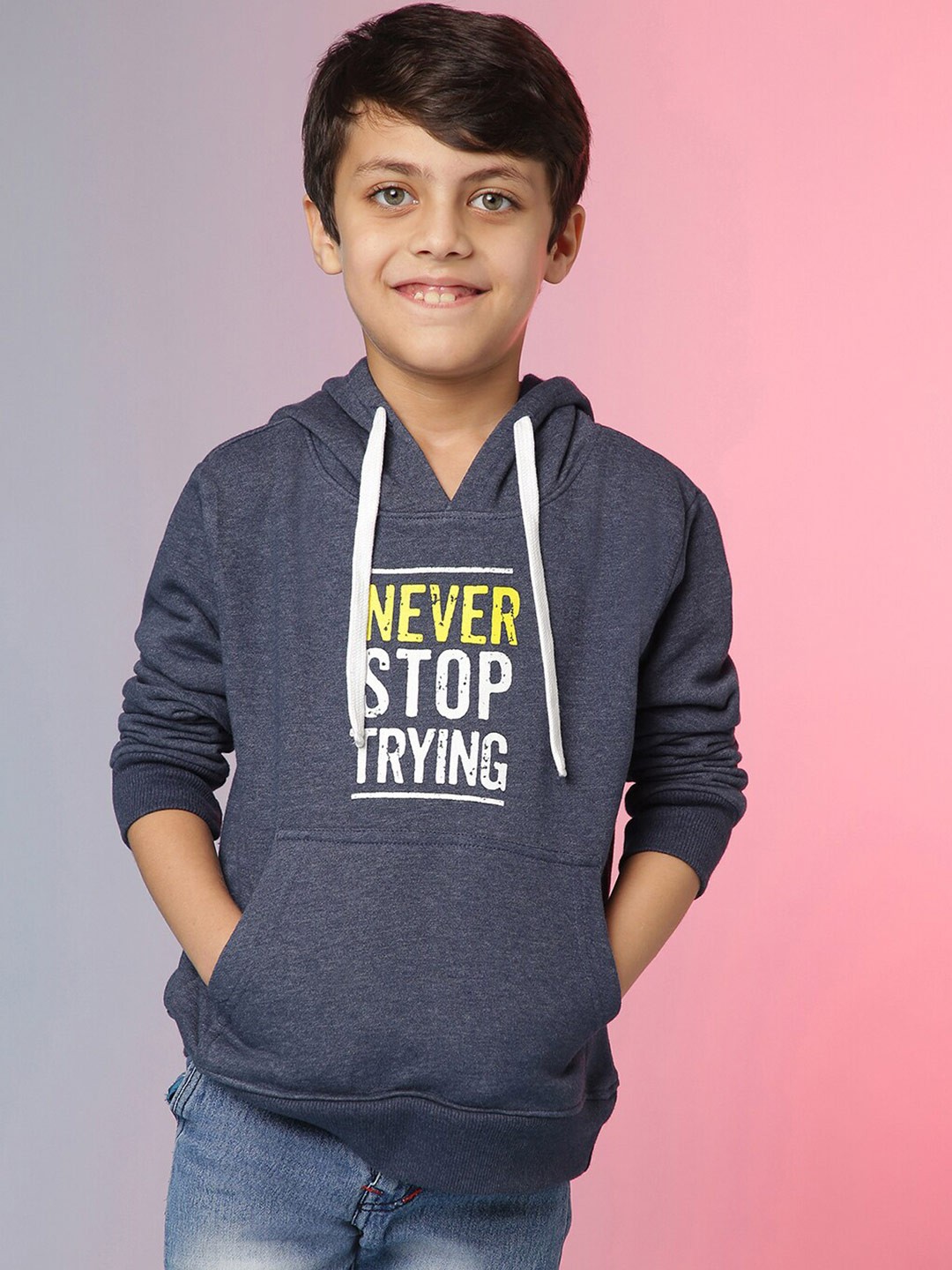 

Instafab Boys Blue Typography Printed Hooded Sweatshirt