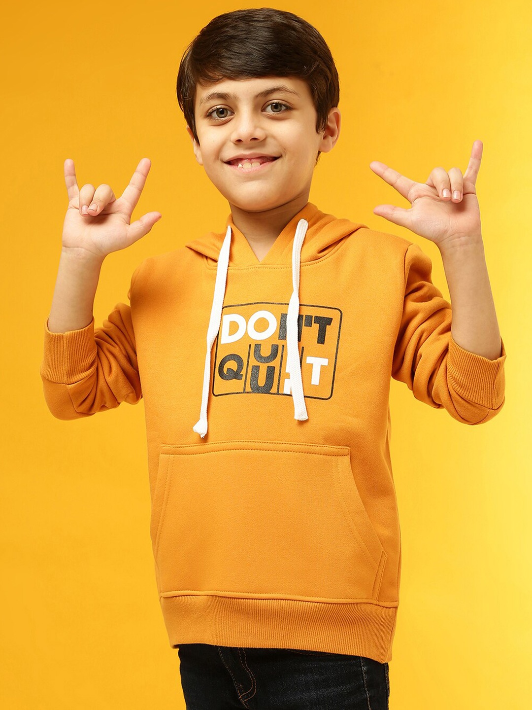 

Instafab Boys Mustard Typography Printed Hooded Sweatshirt