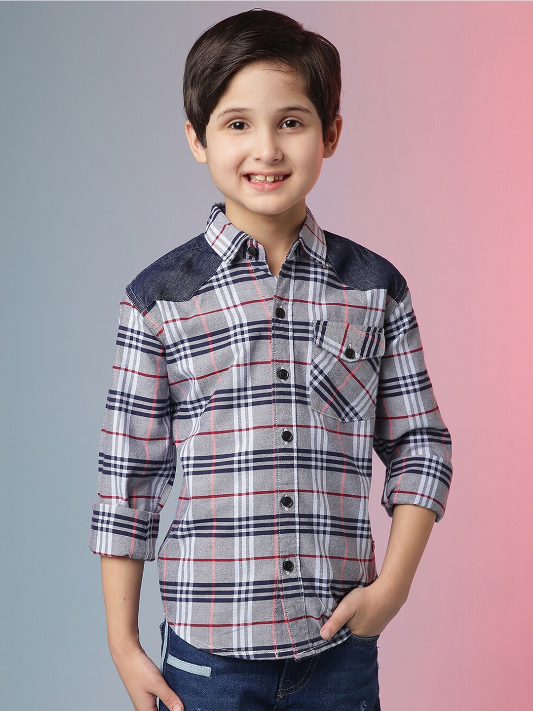 

Instafab Boys Blue & White Checked Cotton Classic Casual Shirt