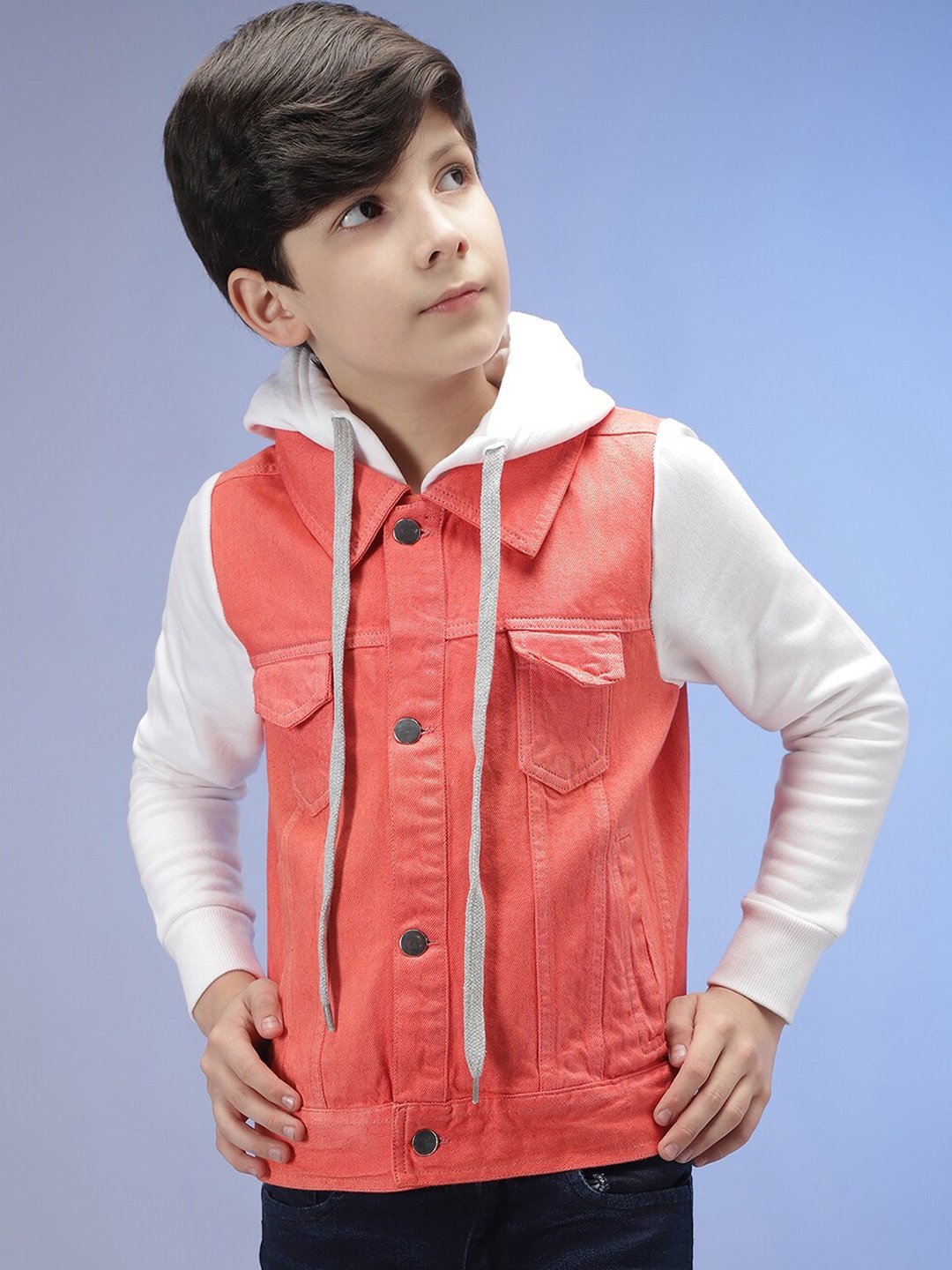 

Instafab Boys Coral Off White Colourblocked Outdoor Denim Jacket