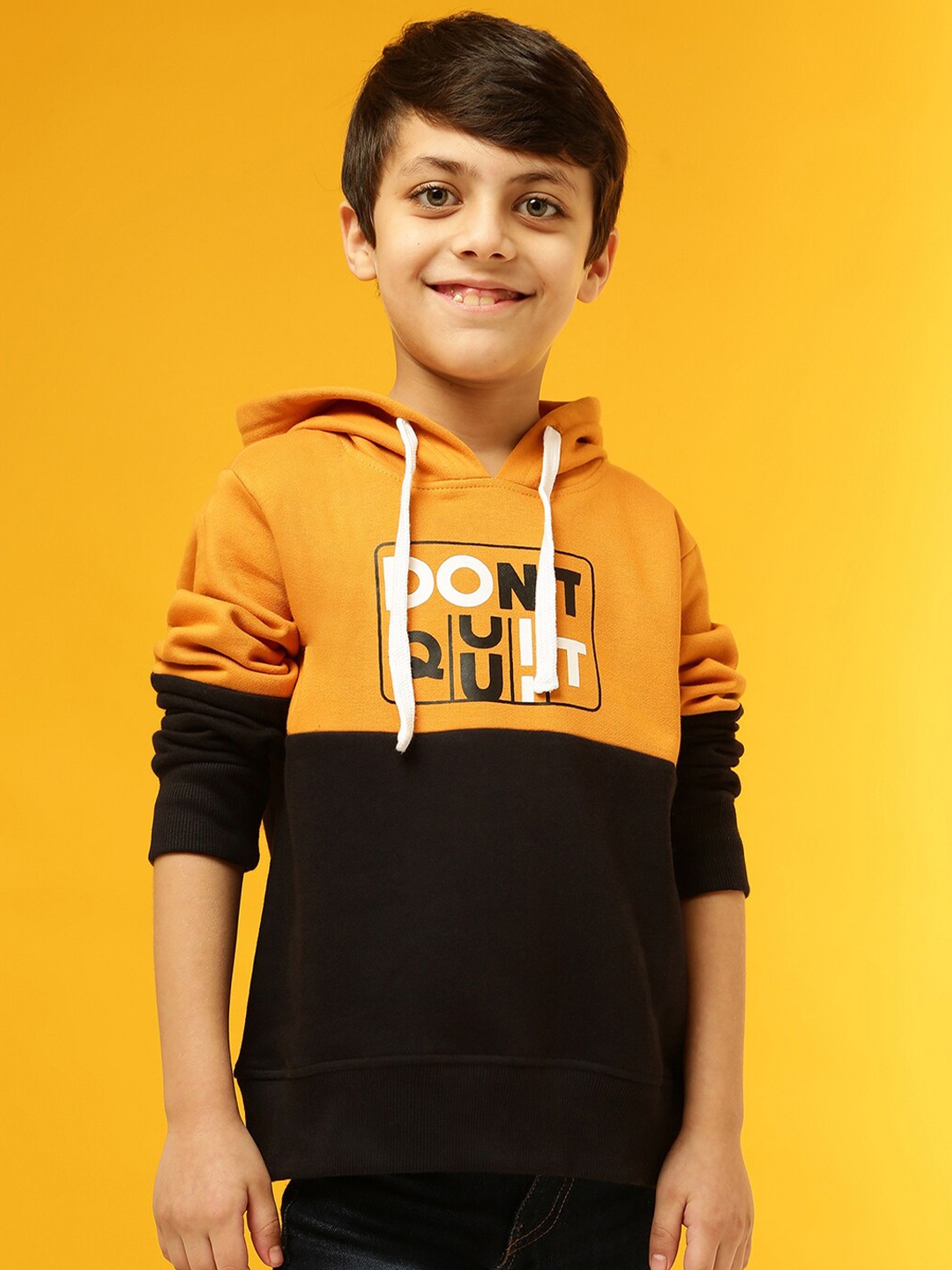 Instafab Boys Mustard Colourblocked Hooded Sweatshirt