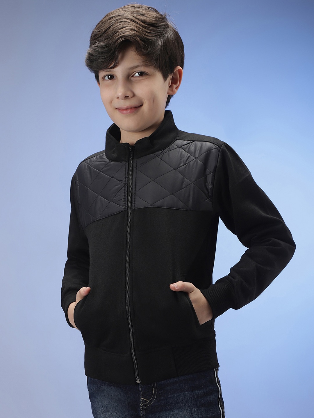 

Instafab Boys Black Windcheater Outdoor Bomber with Patchwork Jacket