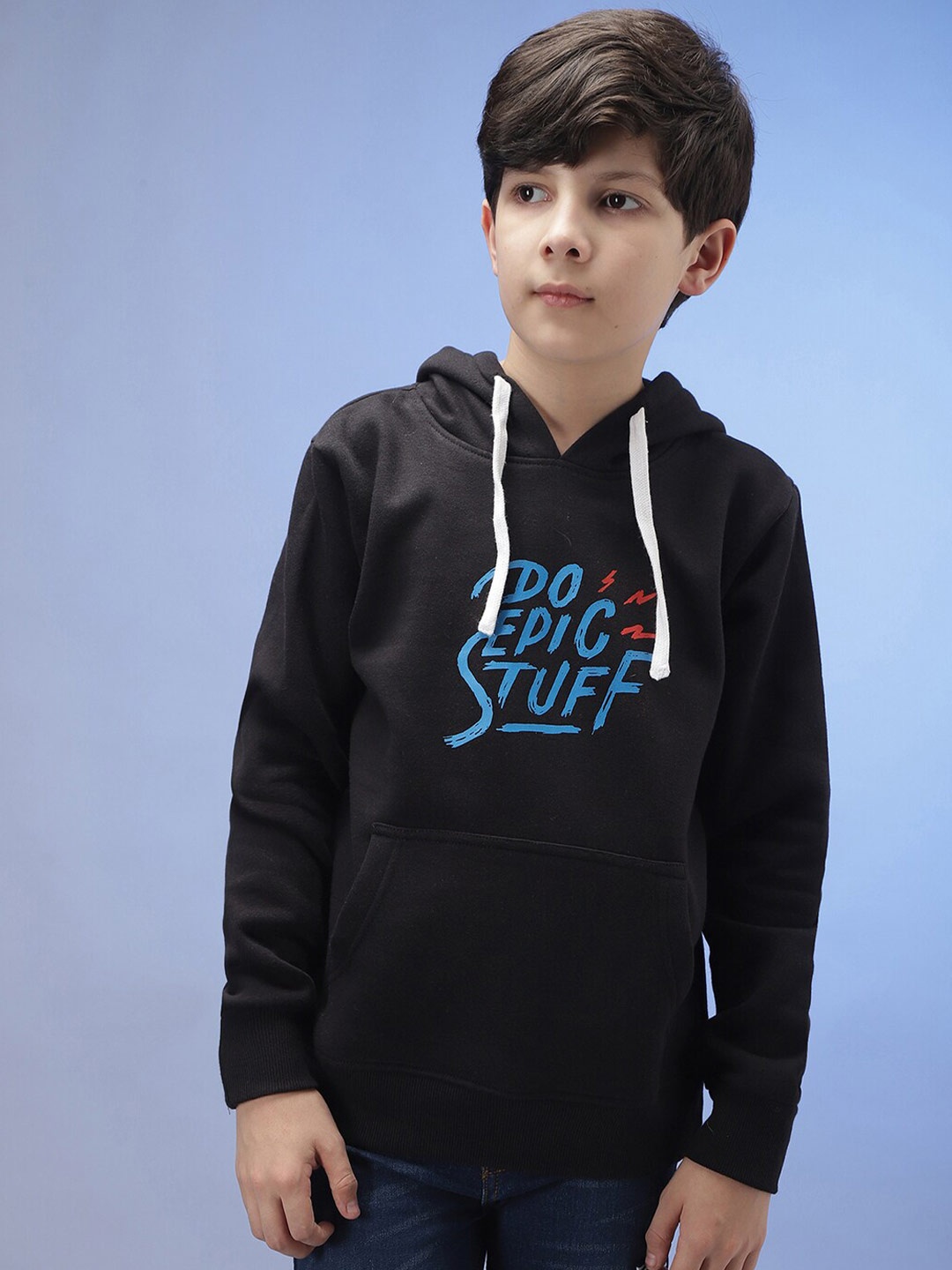 

Instafab Boys Black Printed Hooded Sweatshirt
