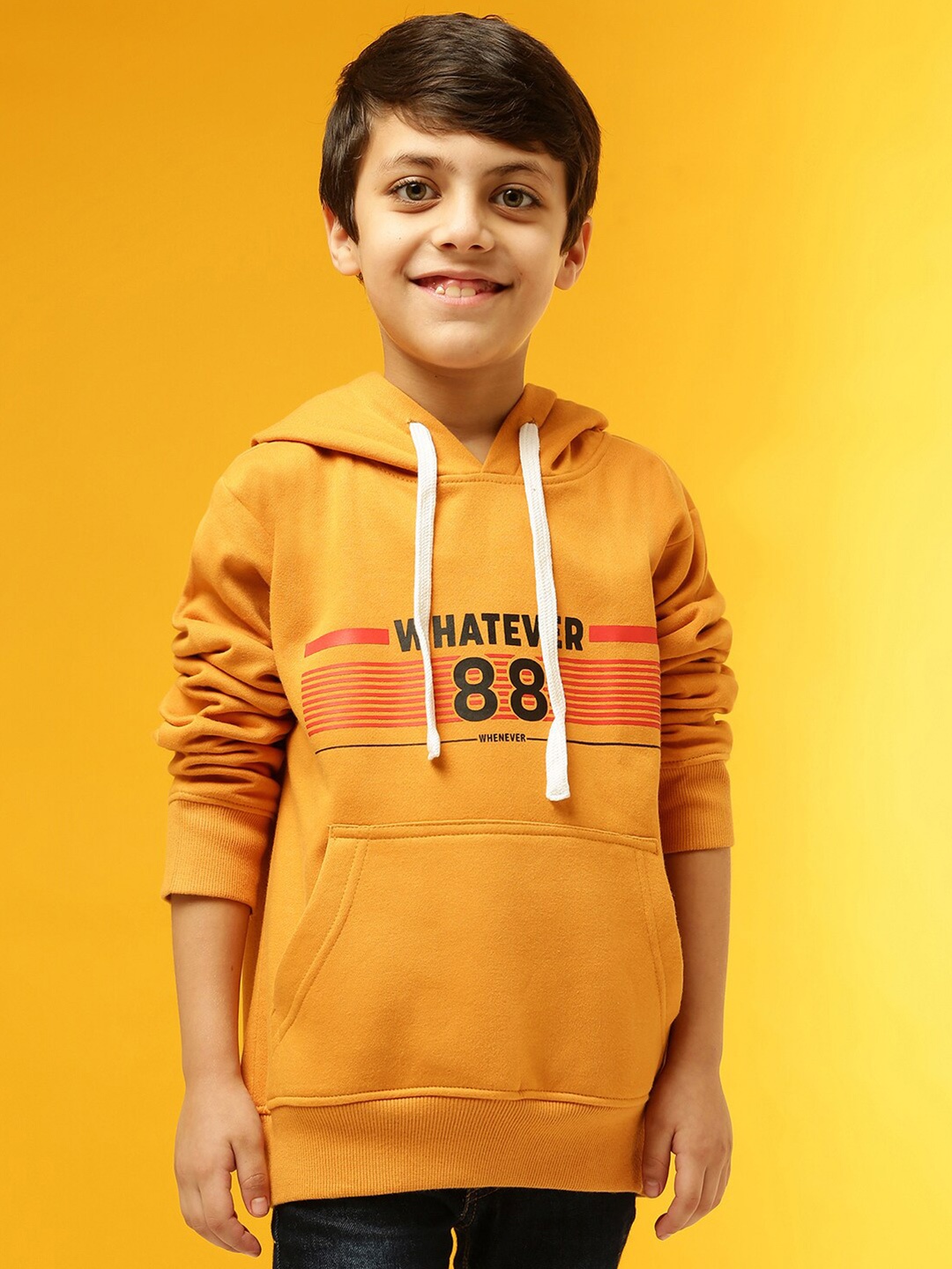 

Instafab Boys Mustard Printed Hooded Sweatshirt