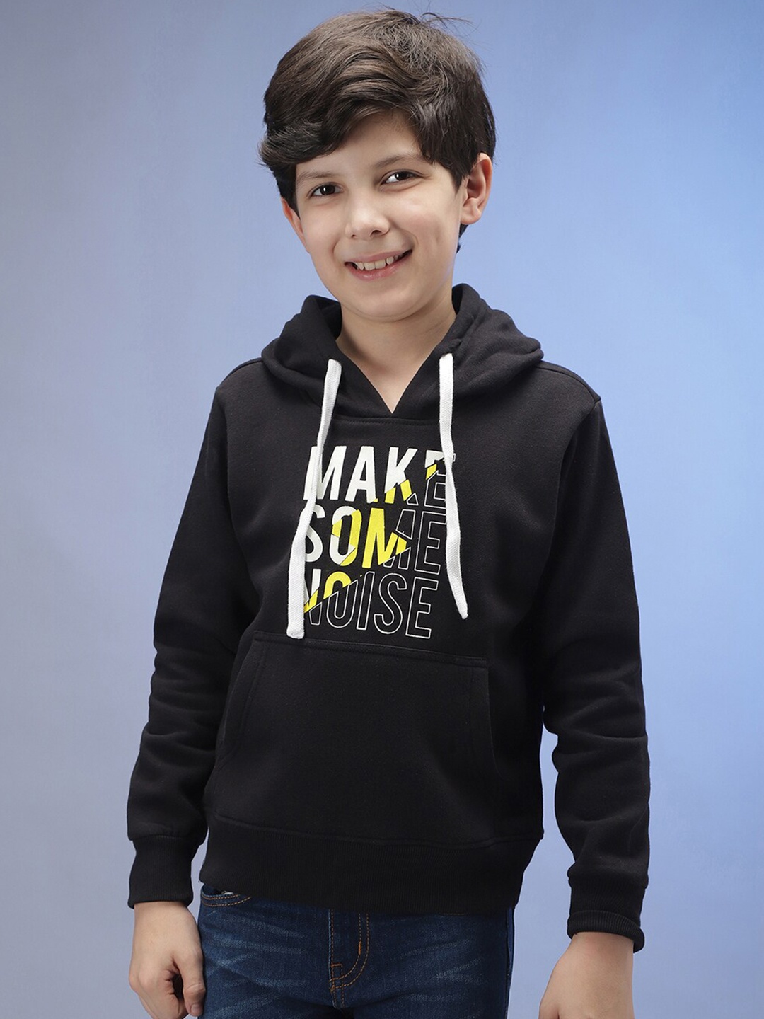 

Instafab Boys Black Printed Hooded Sweatshirt