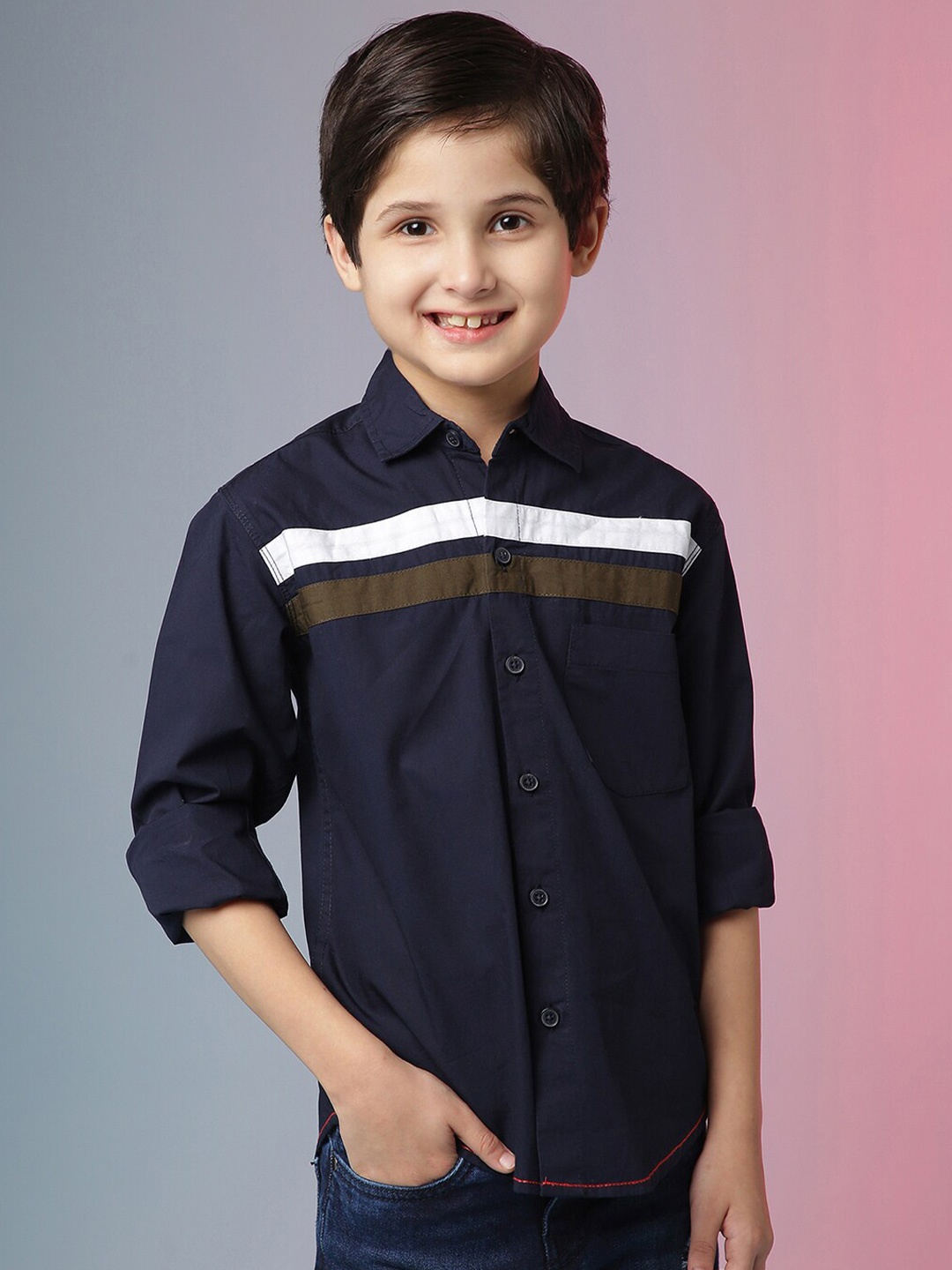 

Instafab Boys Navy Blue Horizontal Striped Cotton Classic Casual Shirt