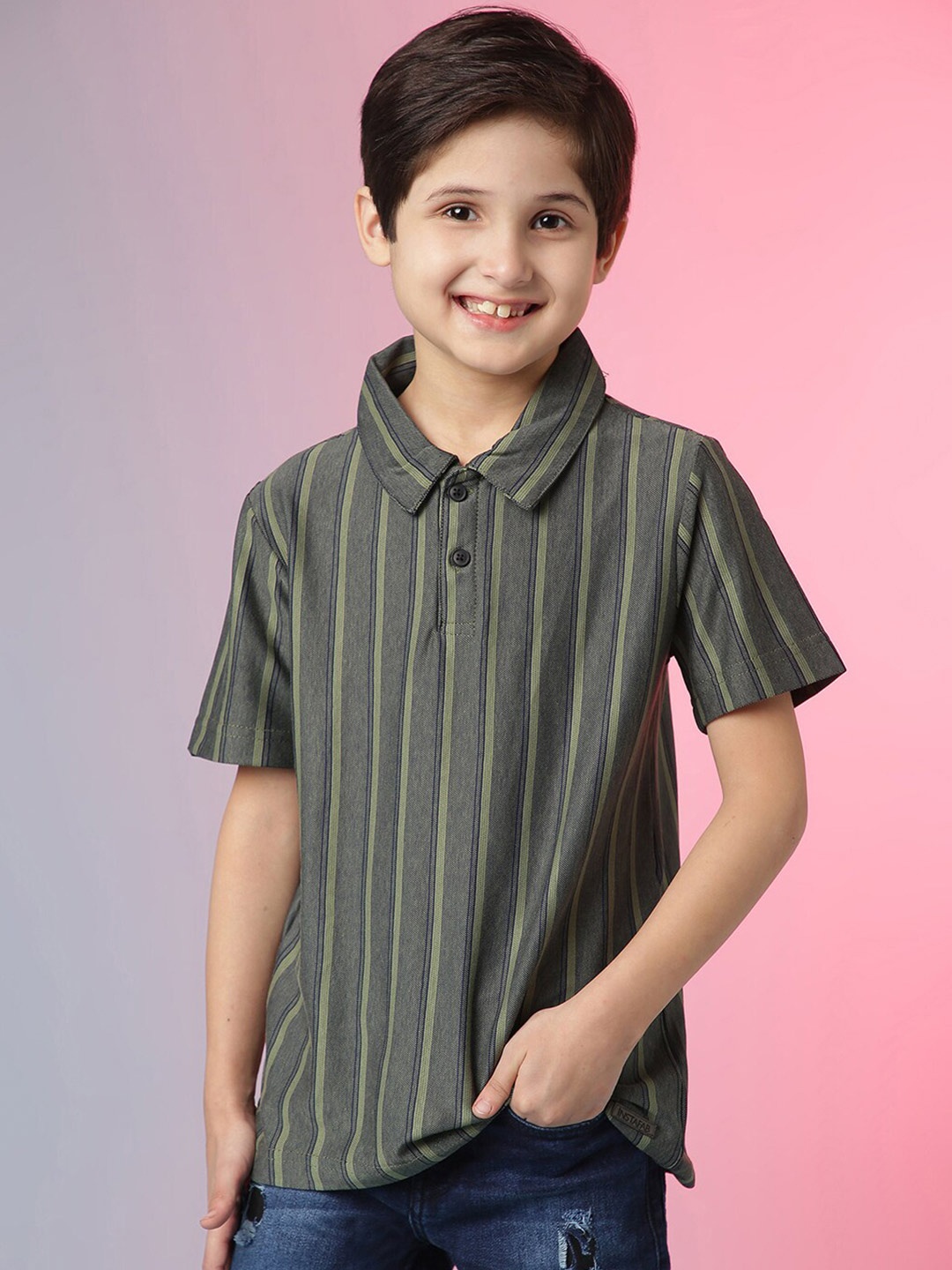 

Instafab Boys Olive Green Striped Drop-Shoulder Sleeves T-shirt