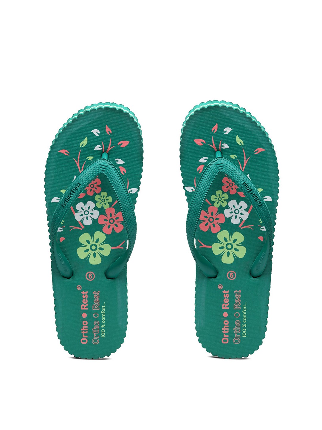 

Ortho Rest Women Green & Pink Printed Rubber Thong Flip-Flops