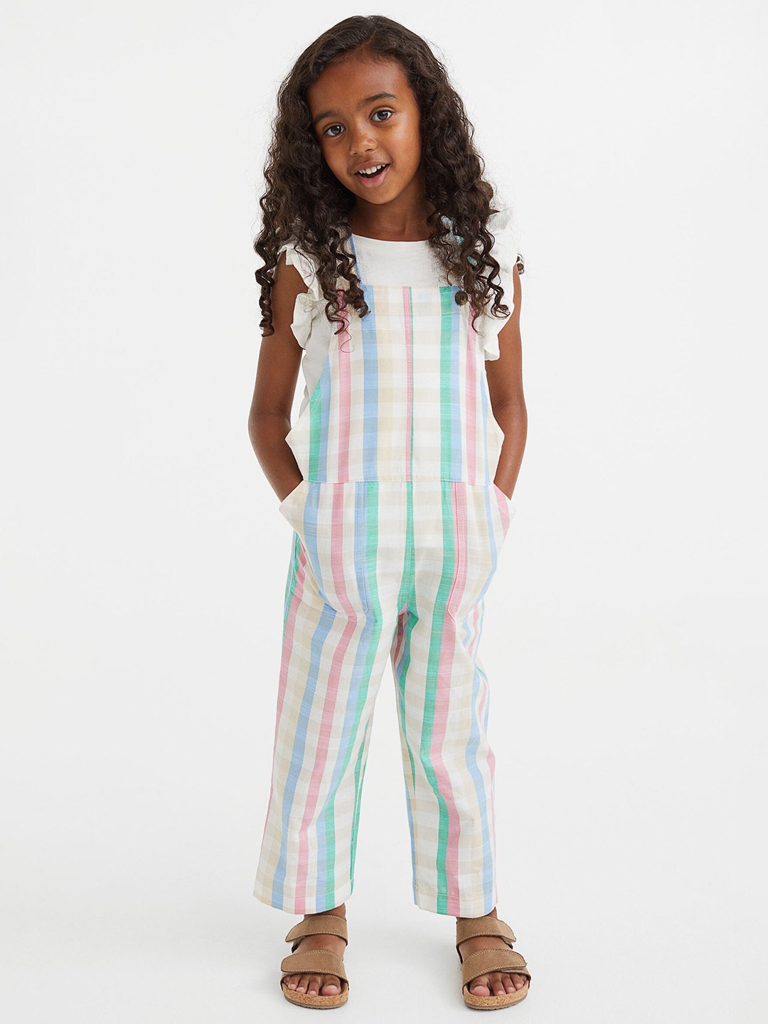 

H&M Girls Multicoloured 2-Piece Set with Top and Dungarees, White