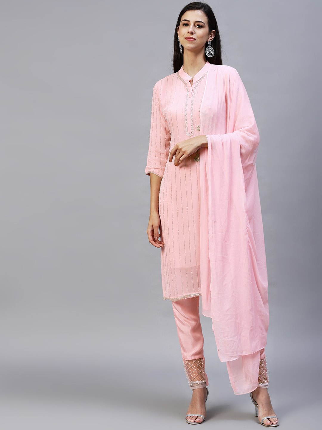 

FASHOR Women Pink Embroidered Straight Kurta with Pants & Dupatta
