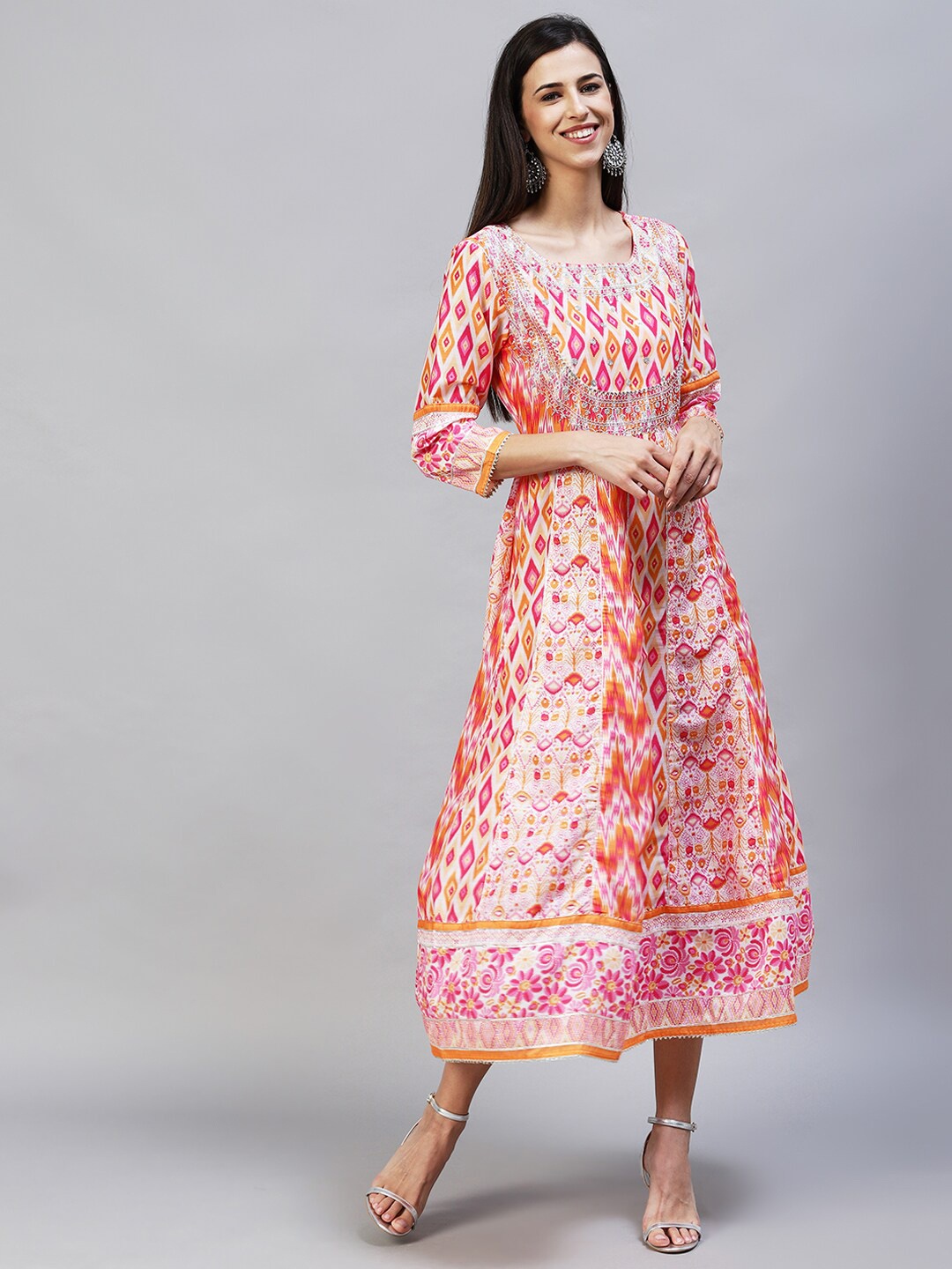 

FASHOR White & Pink Ethnic Motifs A-Line Midi Dress