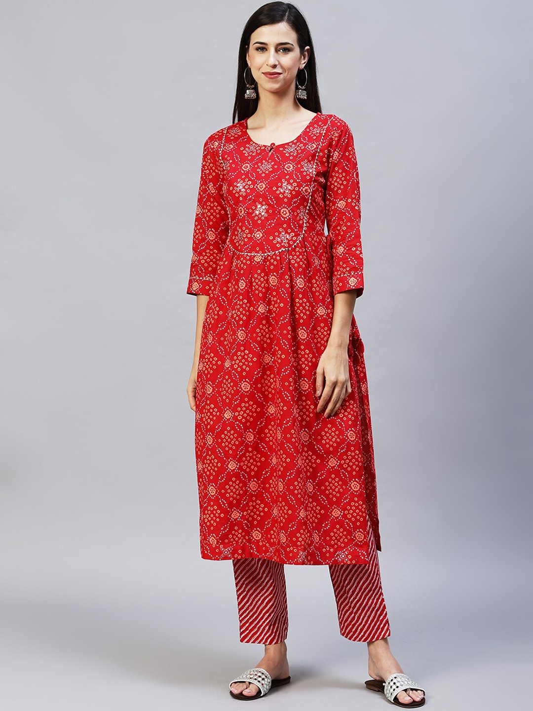 

FASHOR Women Red Bandhani Printed Empire Mirror Work Pure Cotton Kurta with Trousers