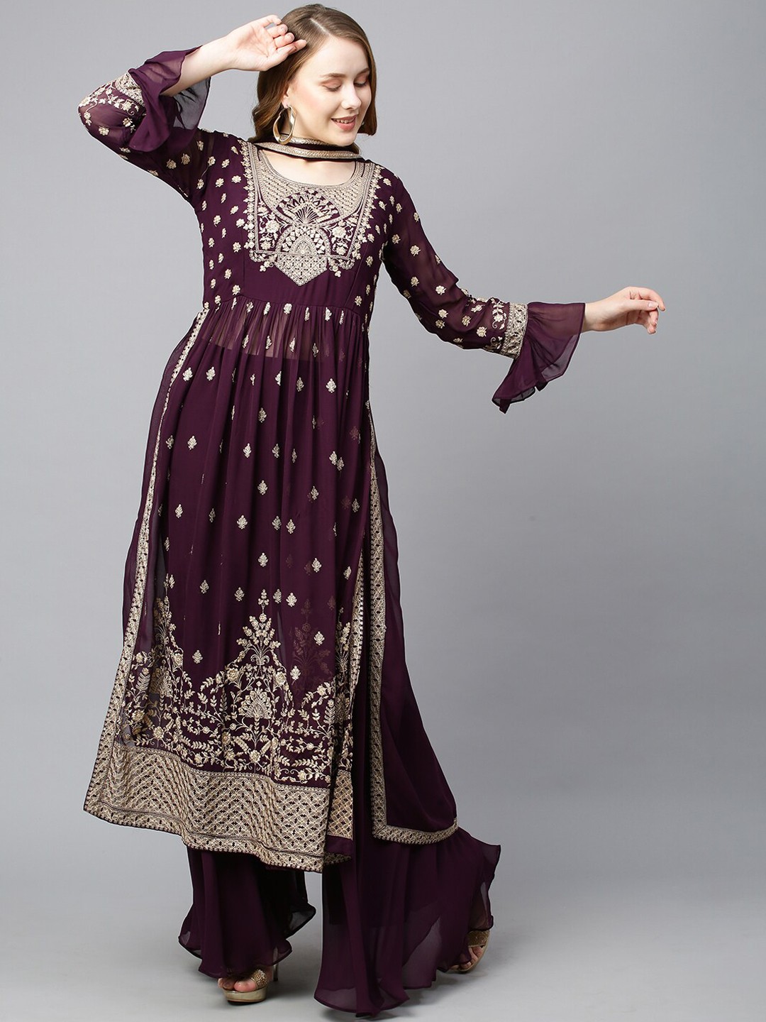 

FASHOR Women Maroon Ethnic Motifs Printed Empire Beads and Stones Kurta with Palazzos & With Dupatta