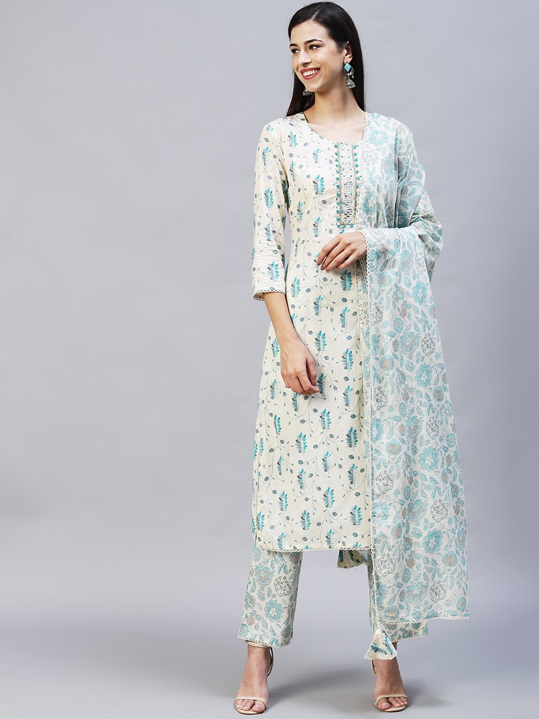

FASHOR Women Cream-Coloured Floral Printed Pure Cotton Kurta with Trousers & With Dupatta