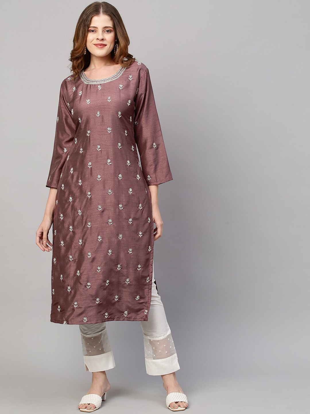 

FASHOR Women Mauve Embroidered Dupion Silk Kurta with Trouser