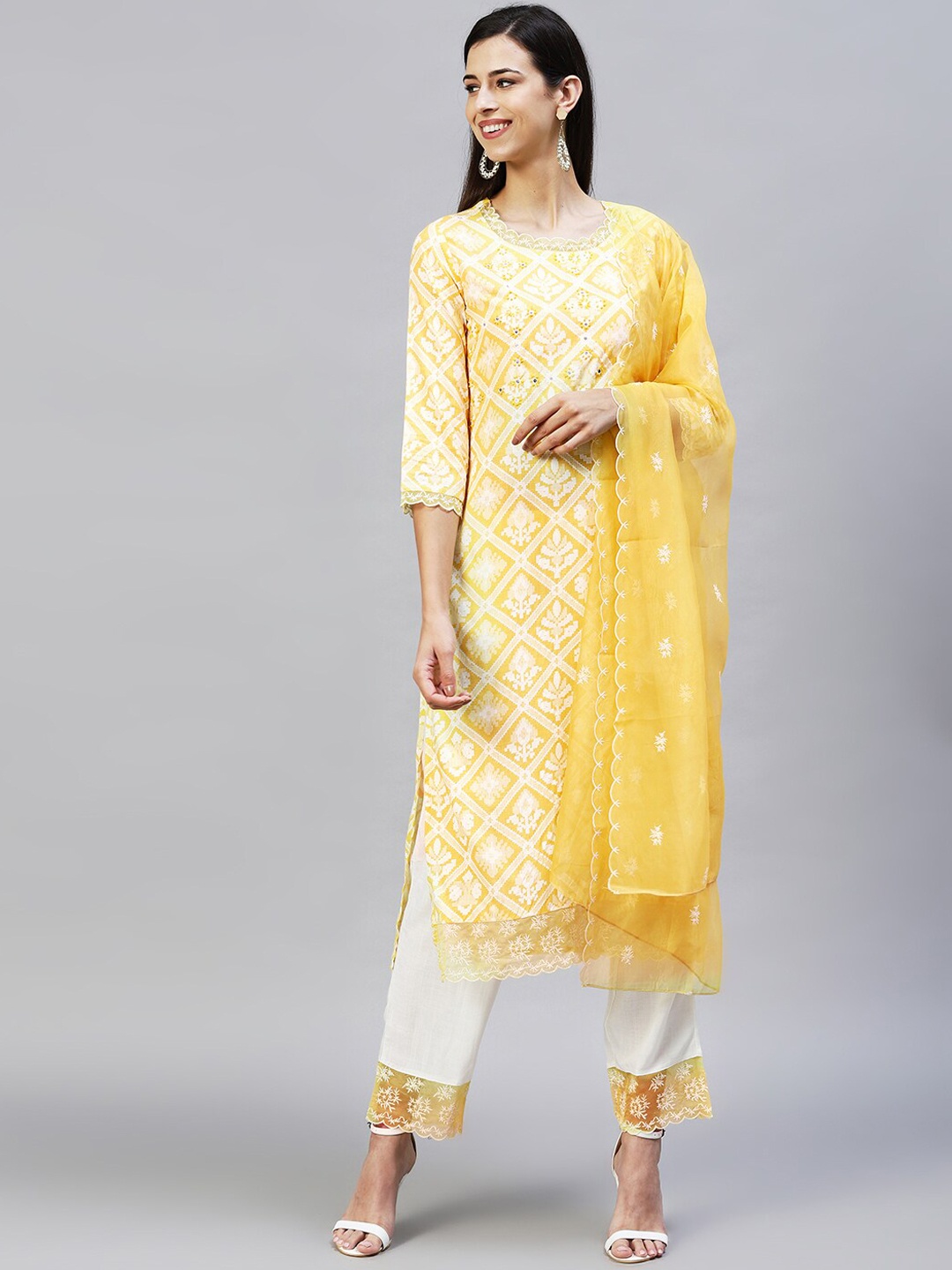 

FASHOR Women Yellow Embroidered Pure Cotton Top with Trousers & With Dupatta