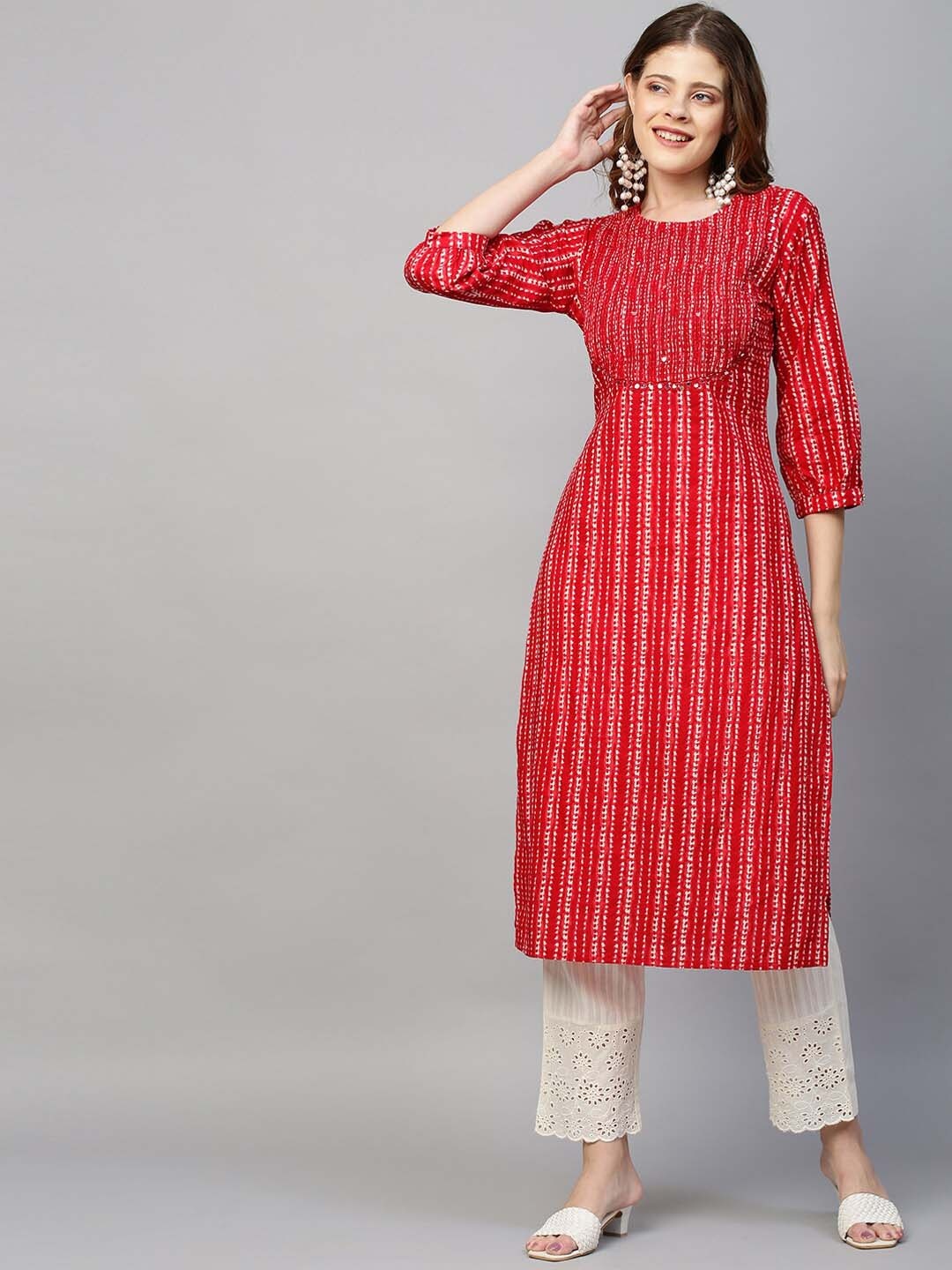 

FASHOR Women Red Printed Empire Pure Cotton Kurta with Trousers