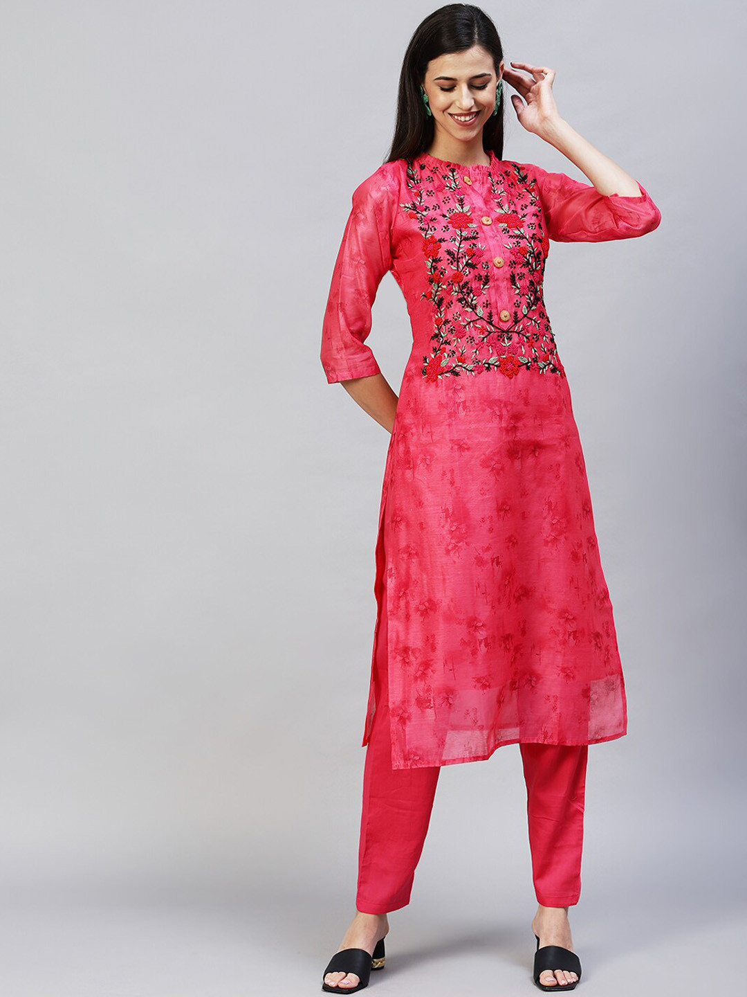 

FASHOR Women Pink Yoke Design Sequinned Chanderi Silk Kurta with Trousers