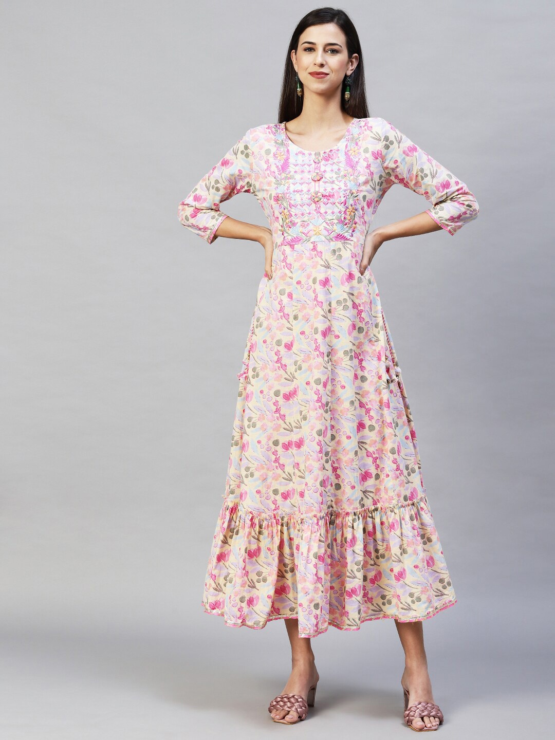 

FASHOR Yellow Floral Embroidered Maxi Dress