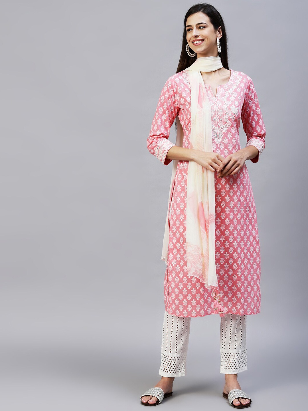 

FASHOR Women Pink Striped Regular Mirror Work Pure Cotton Kurti with Trousers