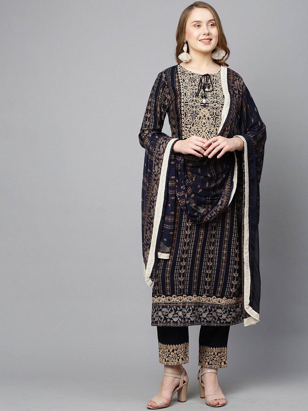 FASHOR Women Navy Blue Printed Thread Work Kurta Set With Dupatta