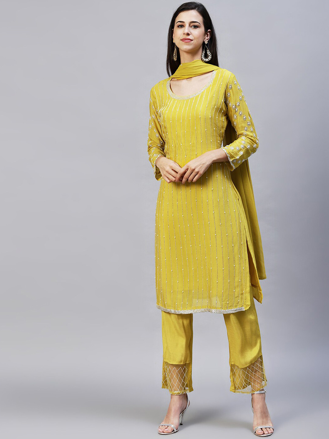 

FASHOR Women Yellow Embroidered Silk Chiffon Kurta with Trousers & With Dupatta