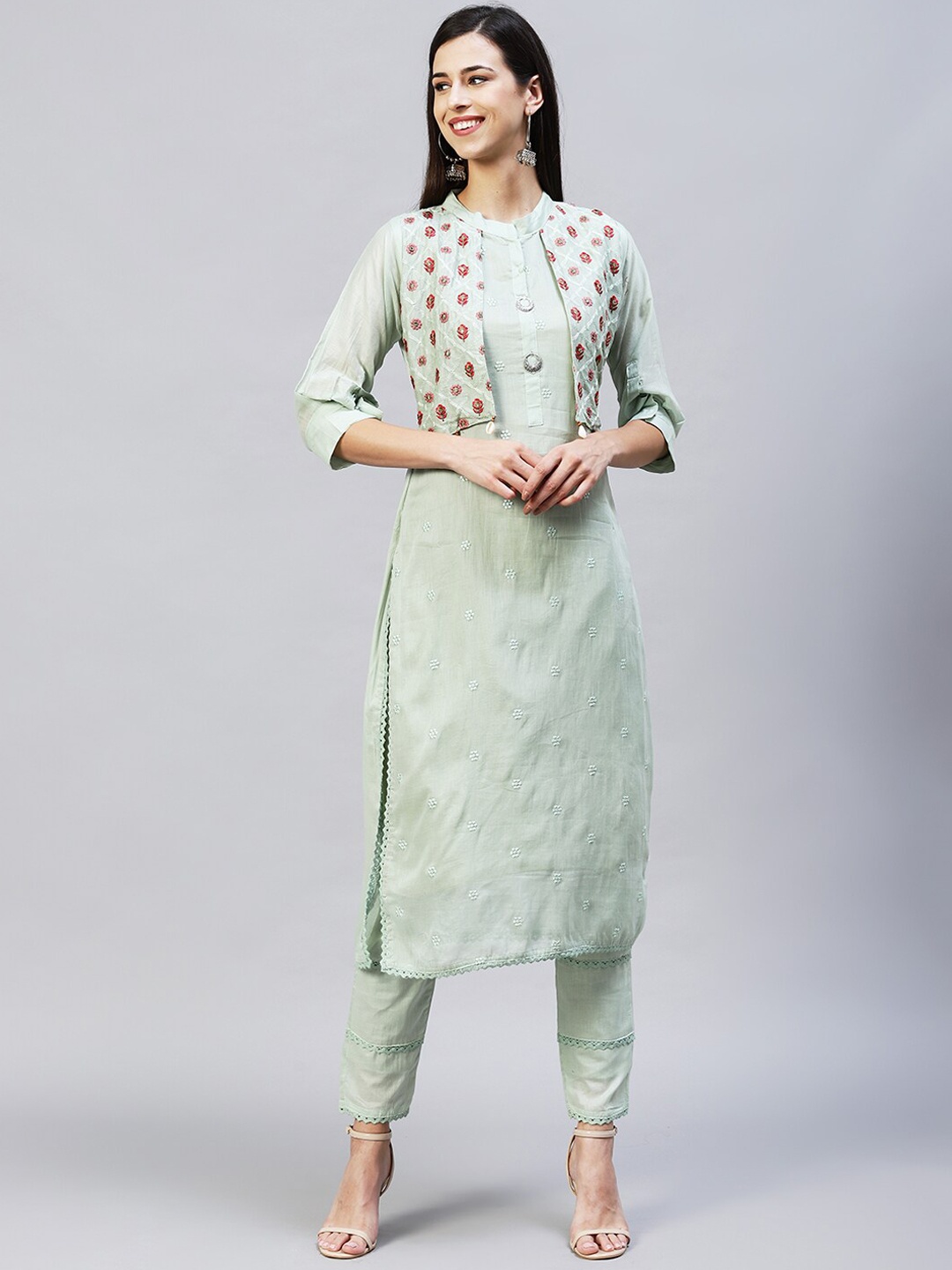 

FASHOR Women Green Embroidered Straight Kurta with Trouser