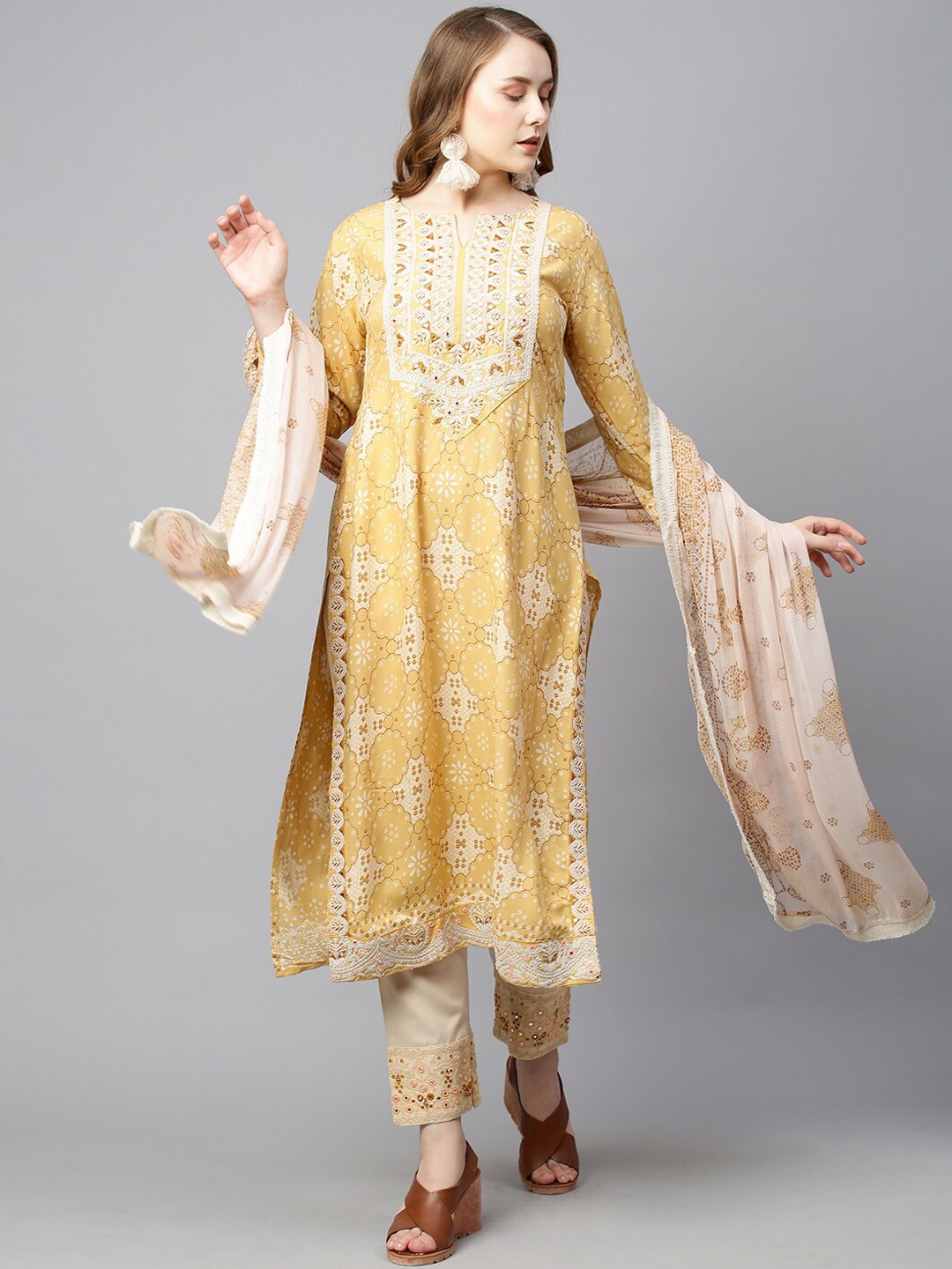 

FASHOR Women Yellow Ethnic Motifs Printed Mirror Work Pure Cotton Kurta with Trousers & With Dupatta