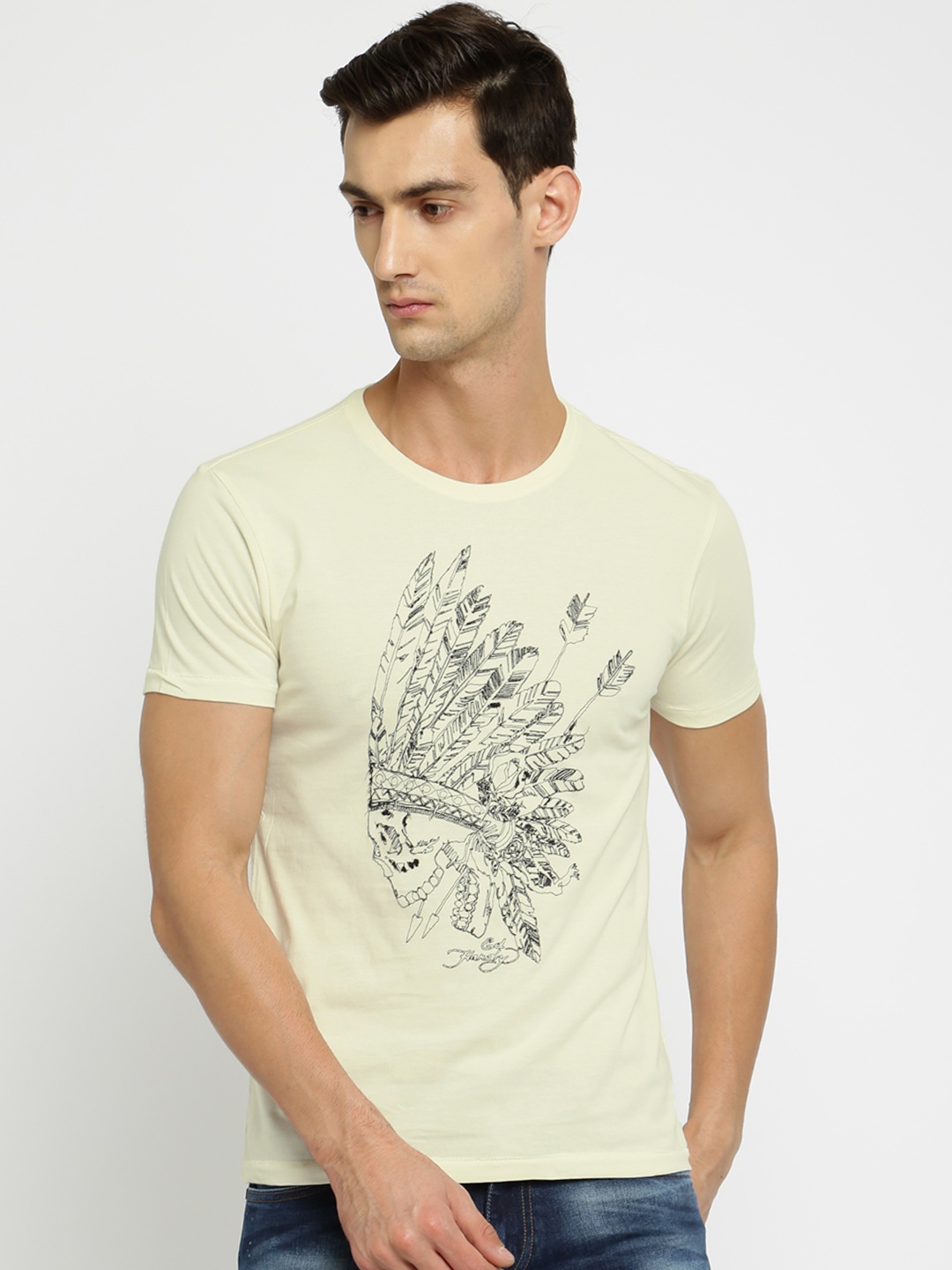 

Ed Hardy Men Cream-Coloured Self-Design Round Neck T-shirt