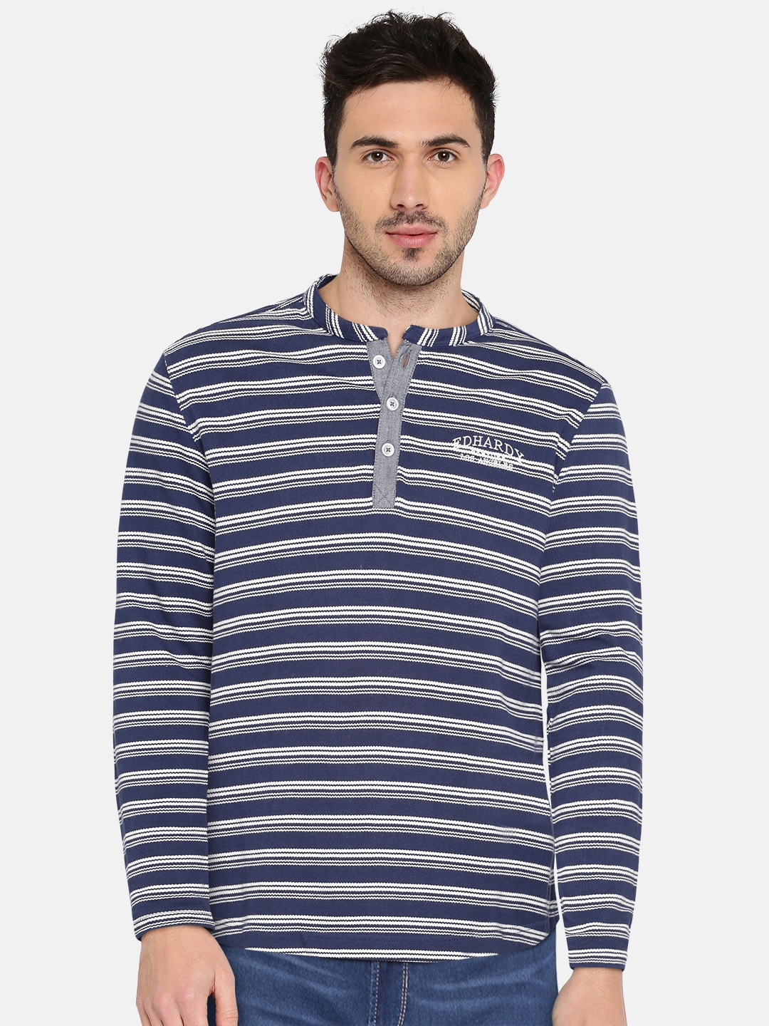 

Ed Hardy Men Blue Striped Henley Neck T-shirt