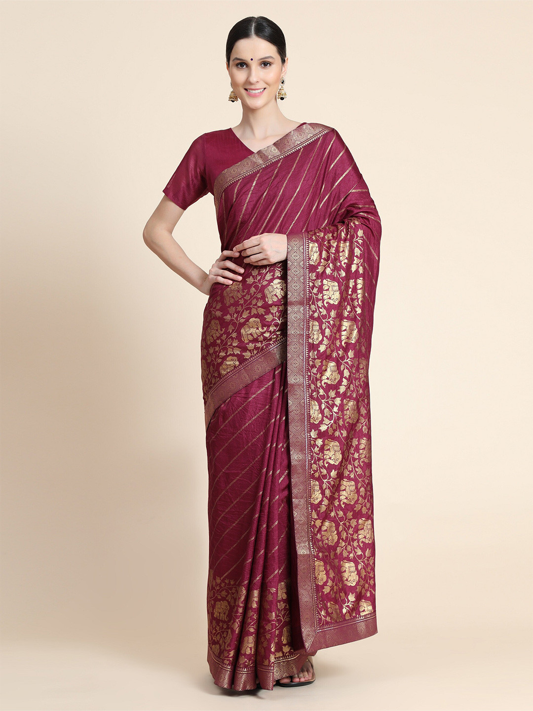 

AVANTIKA FASHION Maroon & Gold-Toned Leheriya Art Silk Banarasi Saree