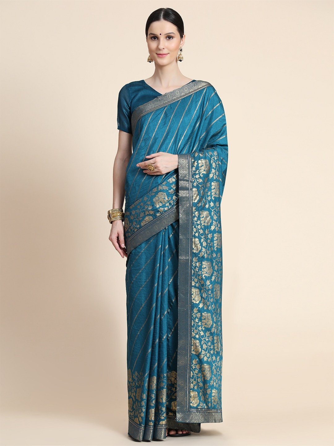 

AVANTIKA FASHION Teal & Gold-Toned Leheriya Zari Art Silk Banarasi Saree
