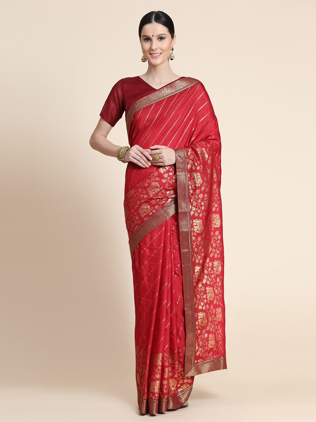 

AVANTIKA FASHION Red & Gold-Toned Woven Design Zari Art Silk Banarasi Saree