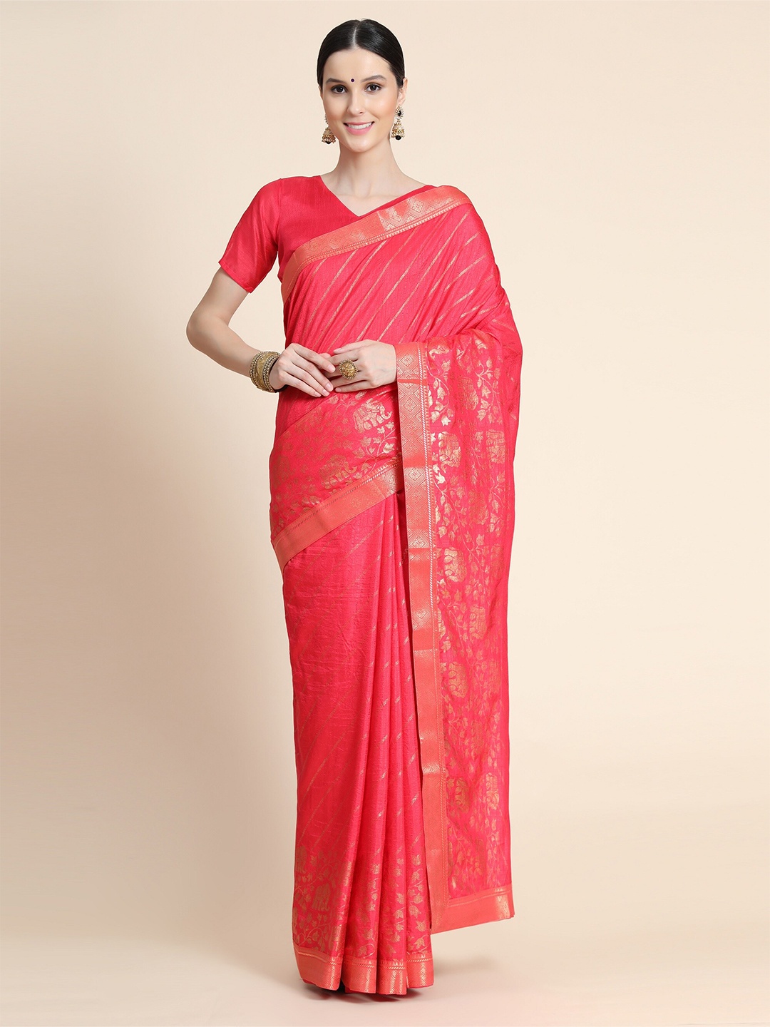 

AVANTIKA FASHION Pink & Gold-Toned Leheriya Art Silk Banarasi Saree