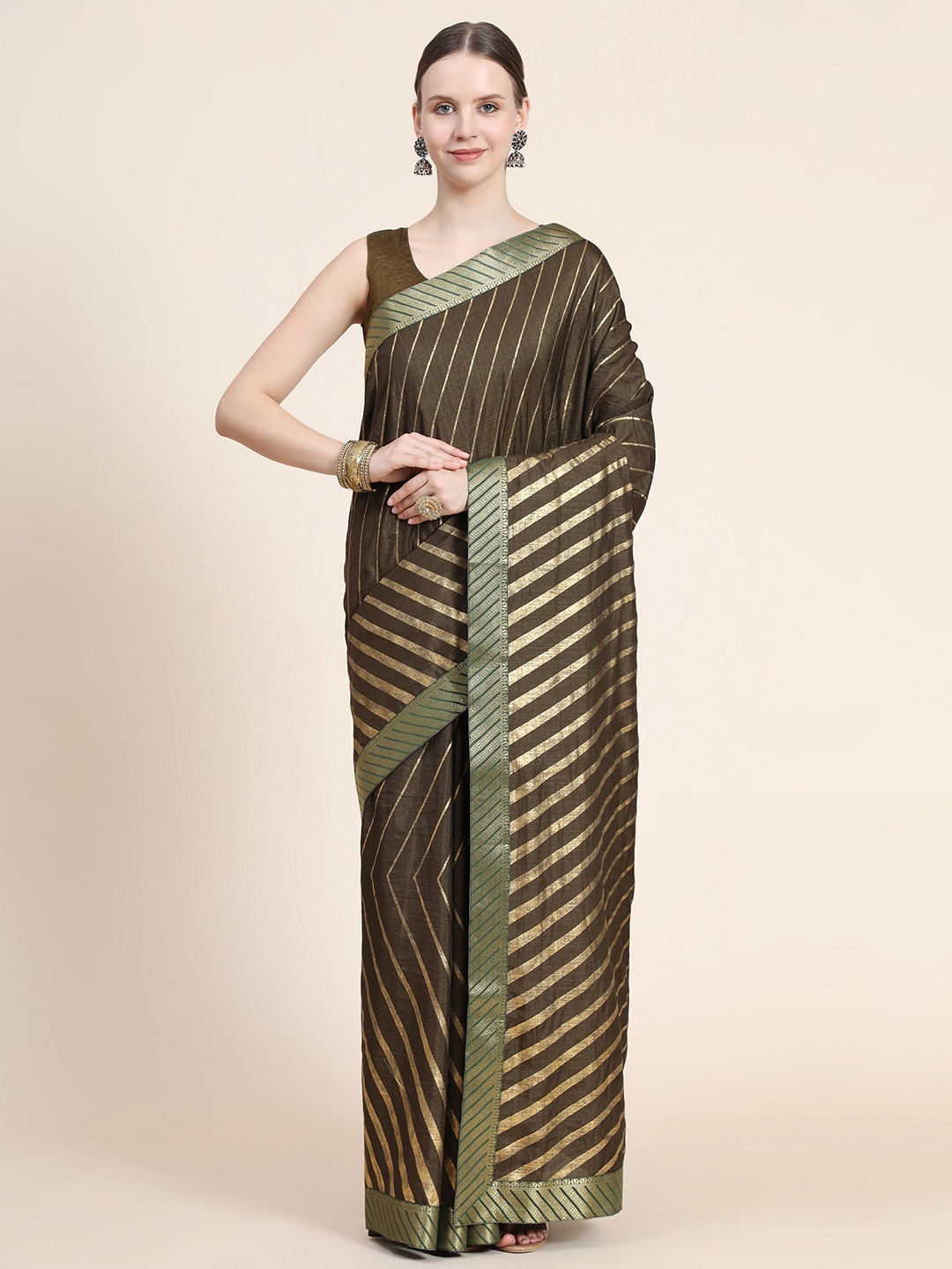 

AVANTIKA FASHION Olive Green & Gold-Toned Leheriya Art Silk Banarasi Saree