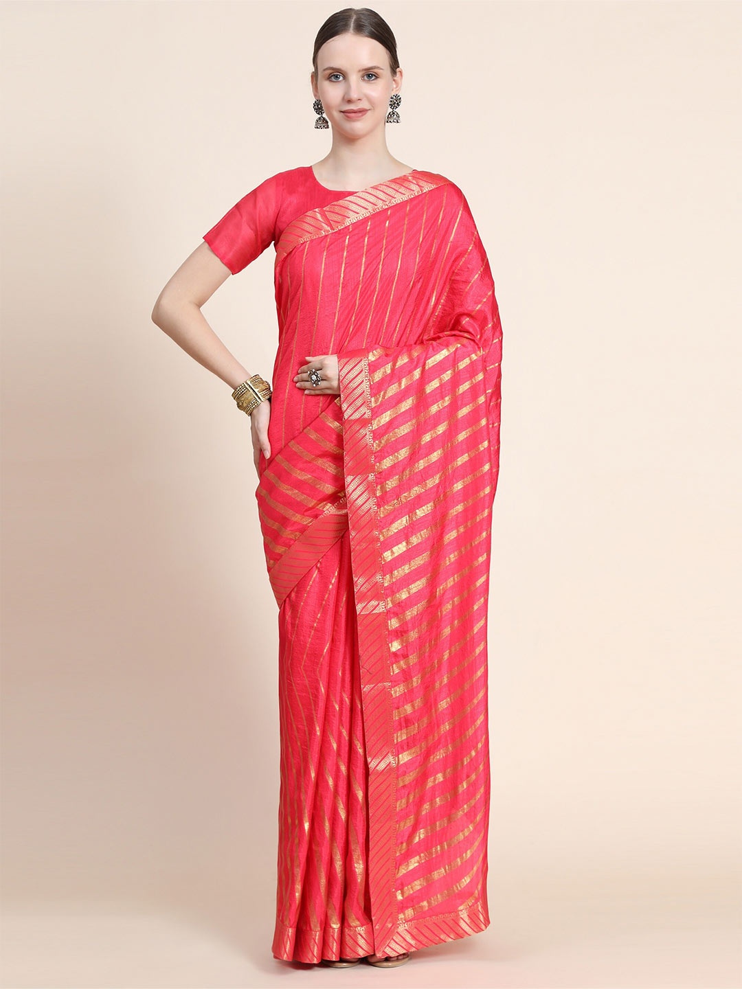 

AVANTIKA FASHION Pink & Gold-Toned Leheriya Zari Art Silk Banarasi Saree