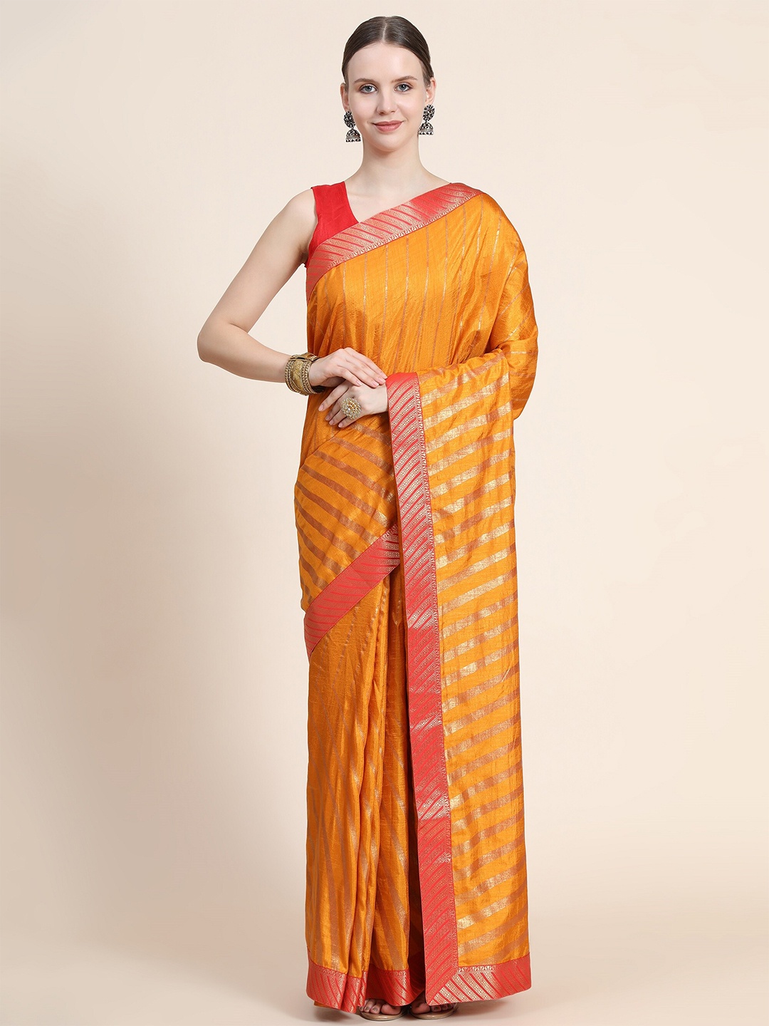 

AVANTIKA FASHION Yellow & Gold-Toned Leheriya Zari Art Silk Banarasi Saree