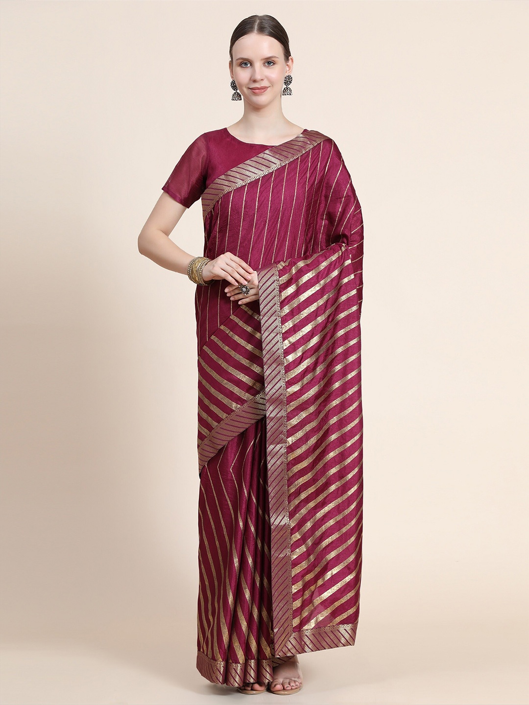 

AVANTIKA FASHION Purple & Gold-Toned Striped Zari Art Silk Banarasi Saree