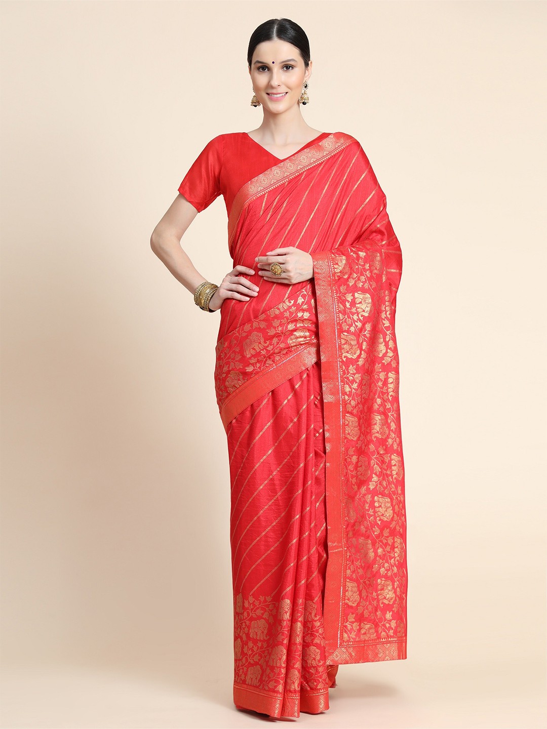 

AVANTIKA FASHION Red & Gold-Toned Ethnic Motifs Zari Art Silk Banarasi Saree