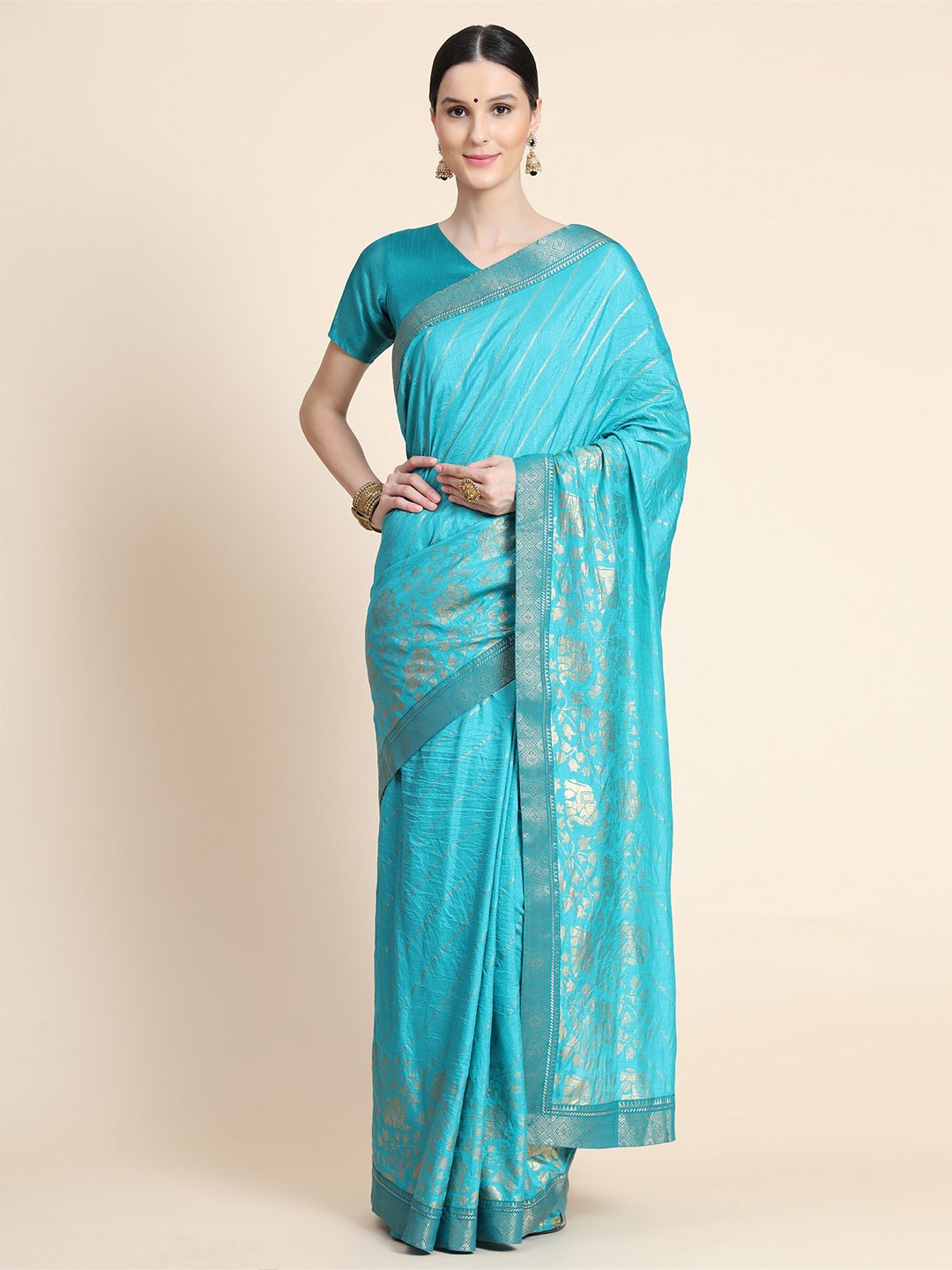 

AVANTIKA FASHION Turquoise Blue & Gold-Toned Striped Zari Art Silk Banarasi Saree